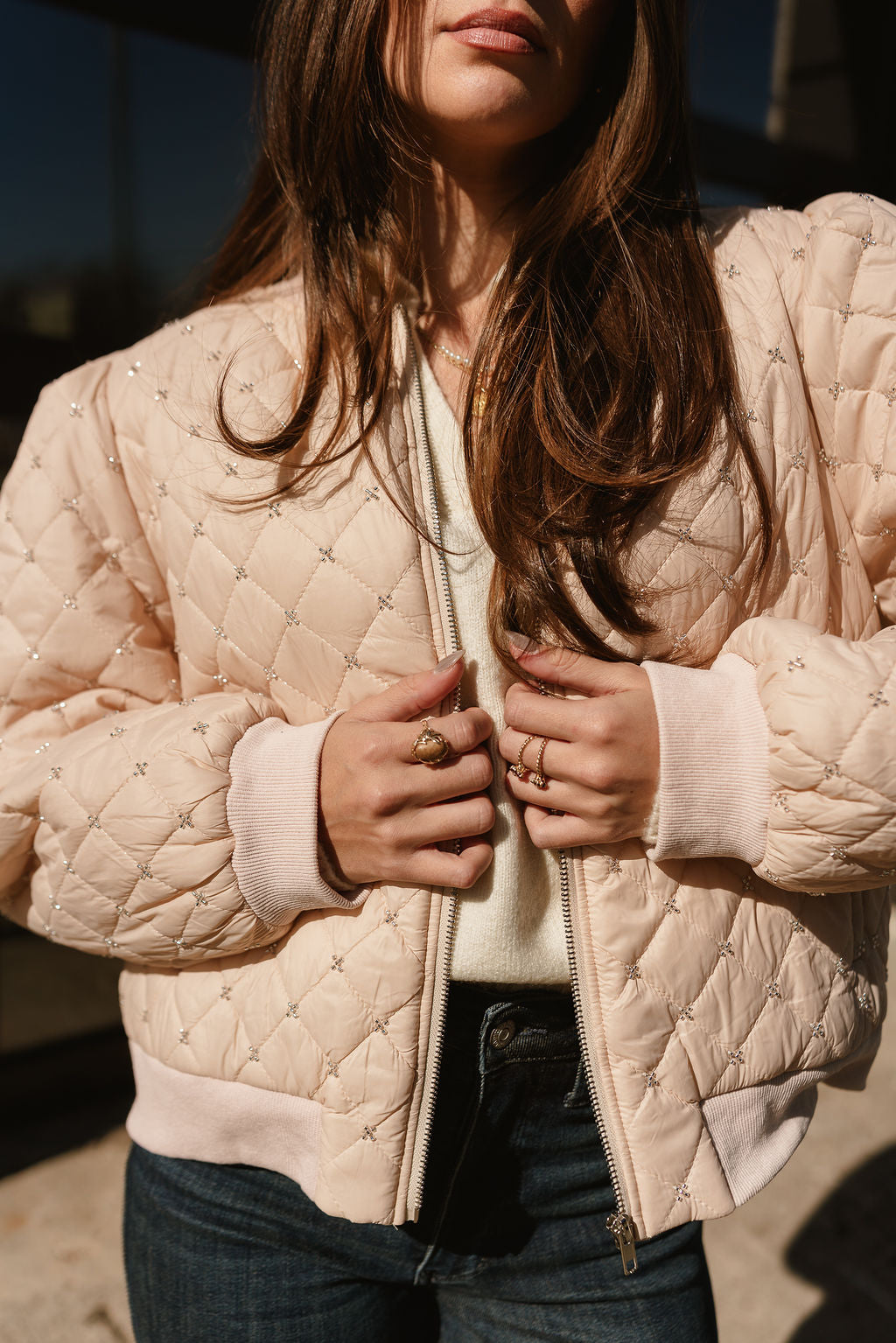 Georgina Taupe Quilted Rhinestone Jacket -close up front 