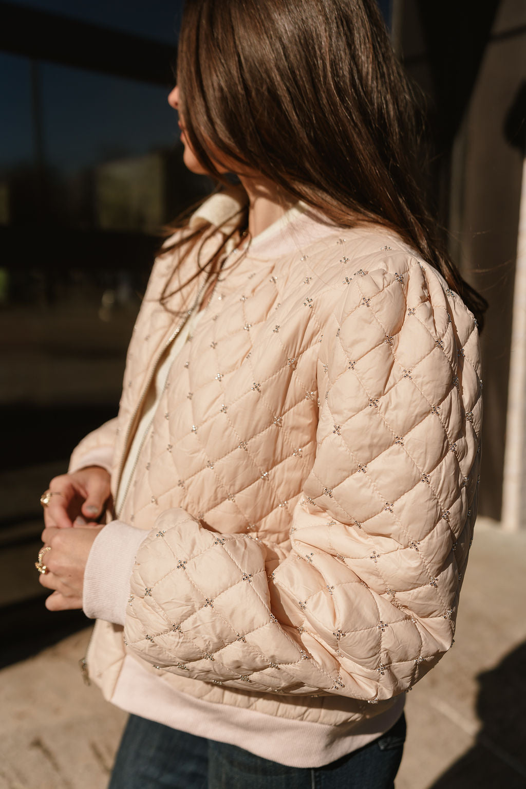 Georgina Taupe Quilted Rhinestone Jacket - close side view