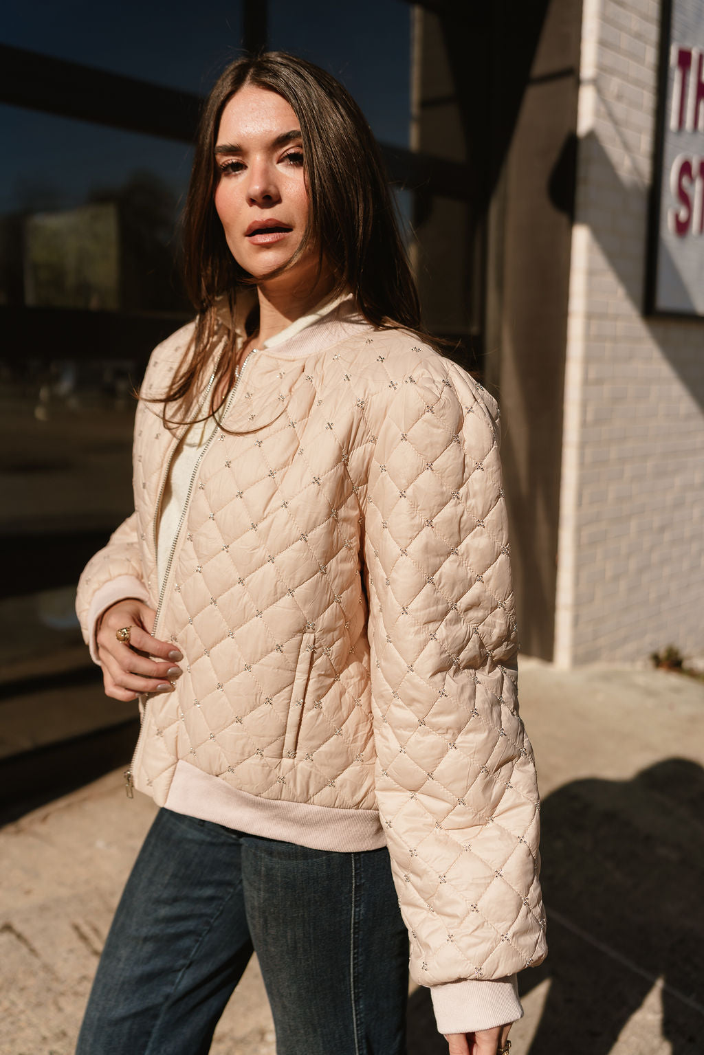 Georgina Taupe Quilted Rhinestone Jacket - frontal side view