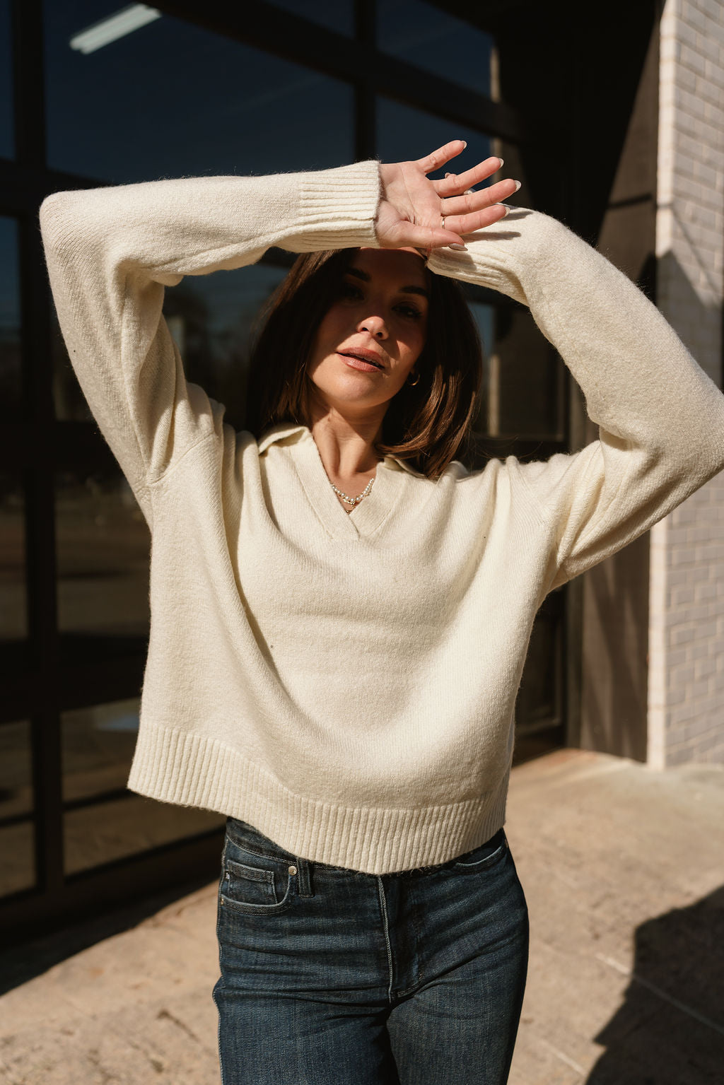 Loren Cream Collared Sweater - upper body front