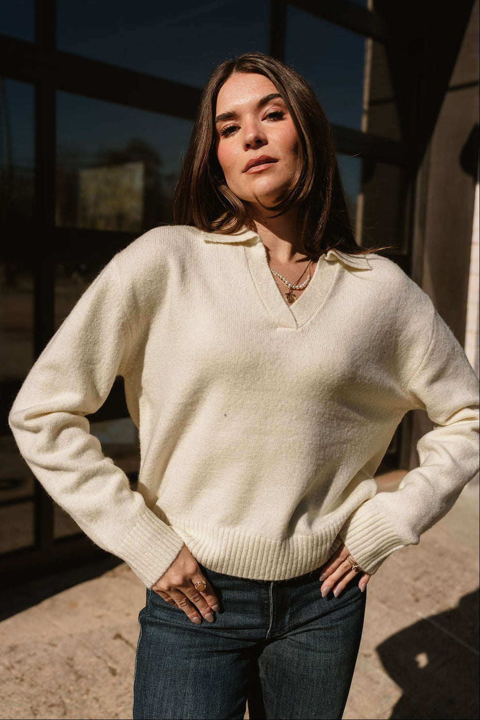 Loren Cream Collared Sweater - front view