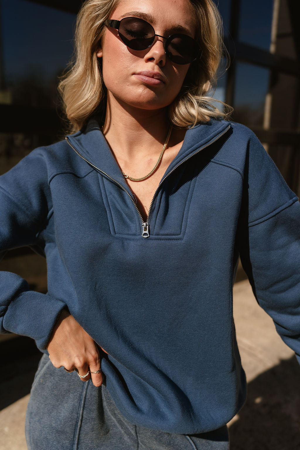 Raquel Blue Quarter-Zip Pullover - close front view
