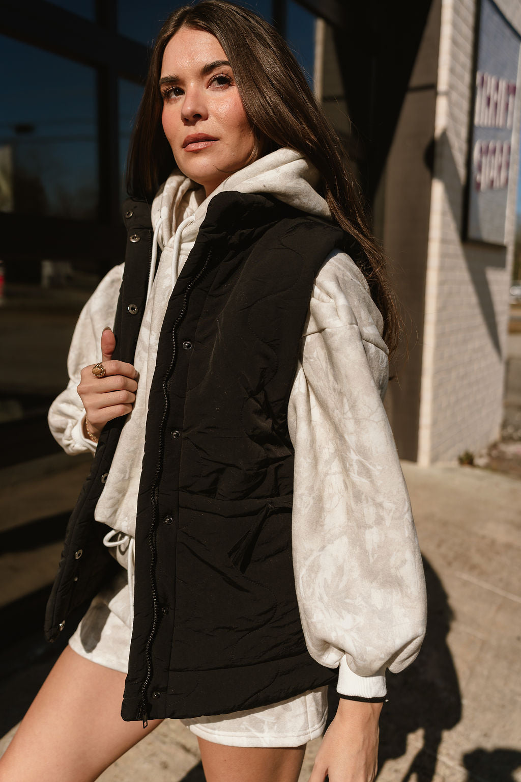 Sadie Black Quilted Puffer Vest - frontal side view