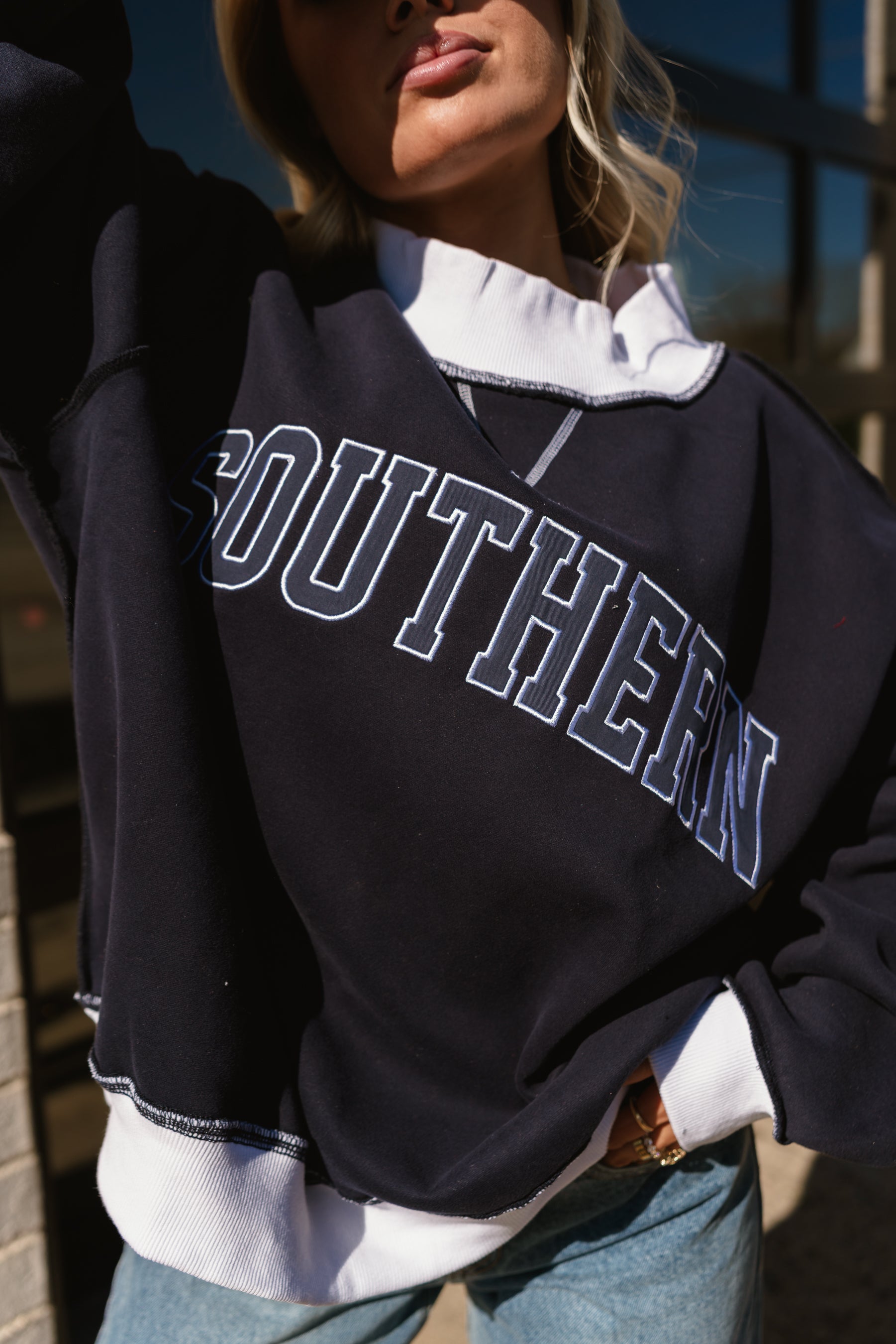 Southern Navy Blue & White Mock Neck Sweatshirt- close up front view