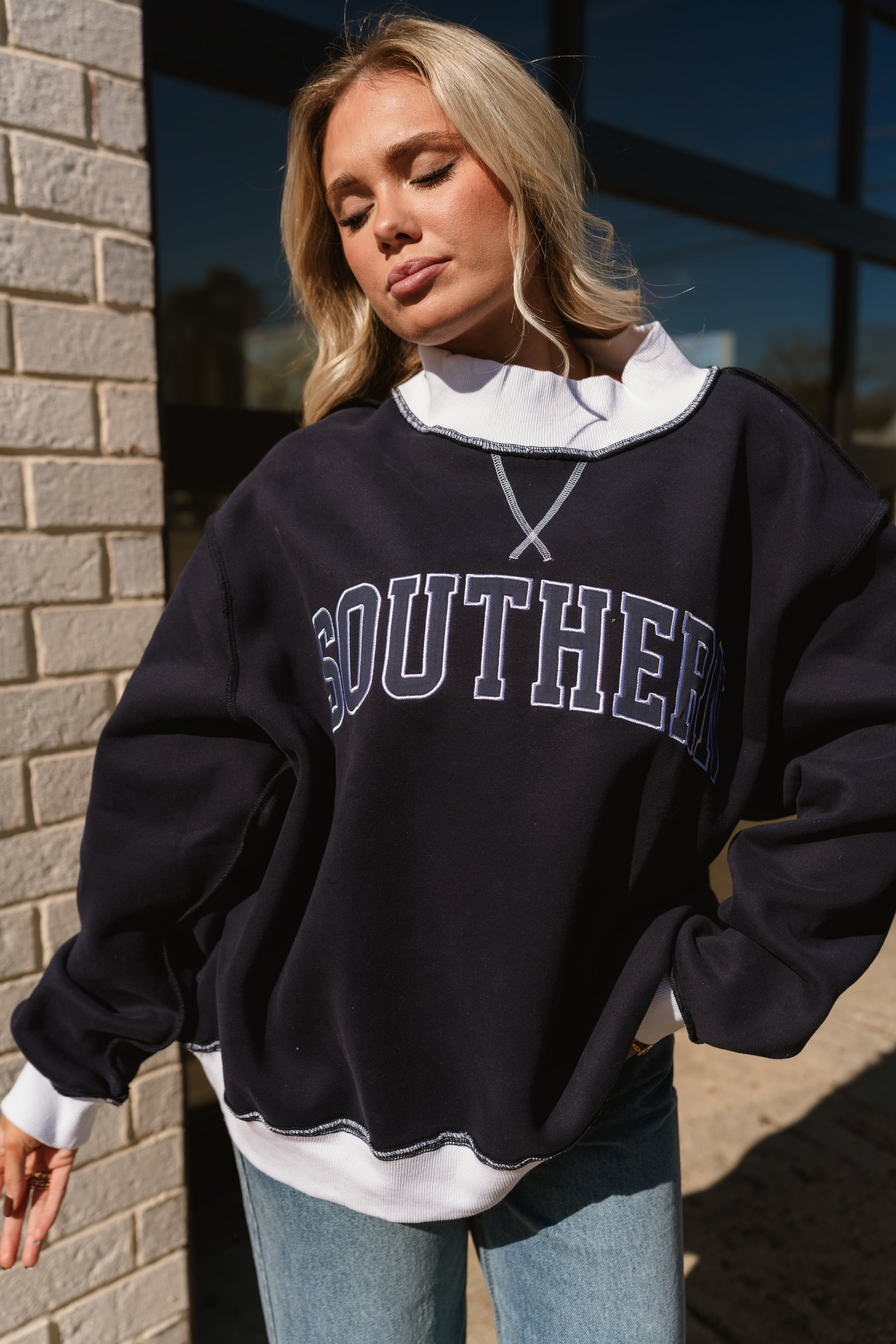 Southern Navy Blue & White Mock Neck Sweatshirt- top view