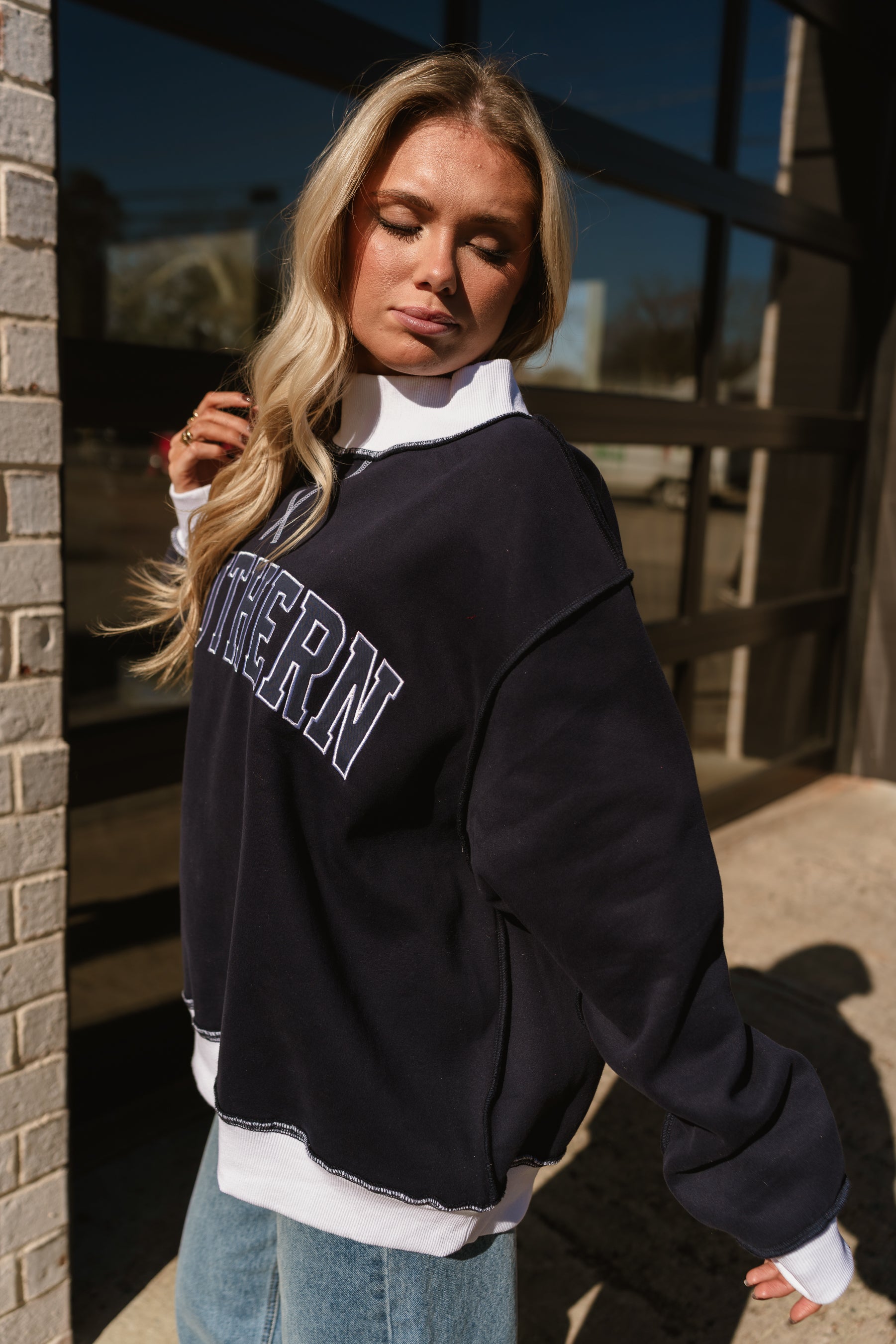 Southern Navy Blue & White Mock Neck Sweatshirt- side view