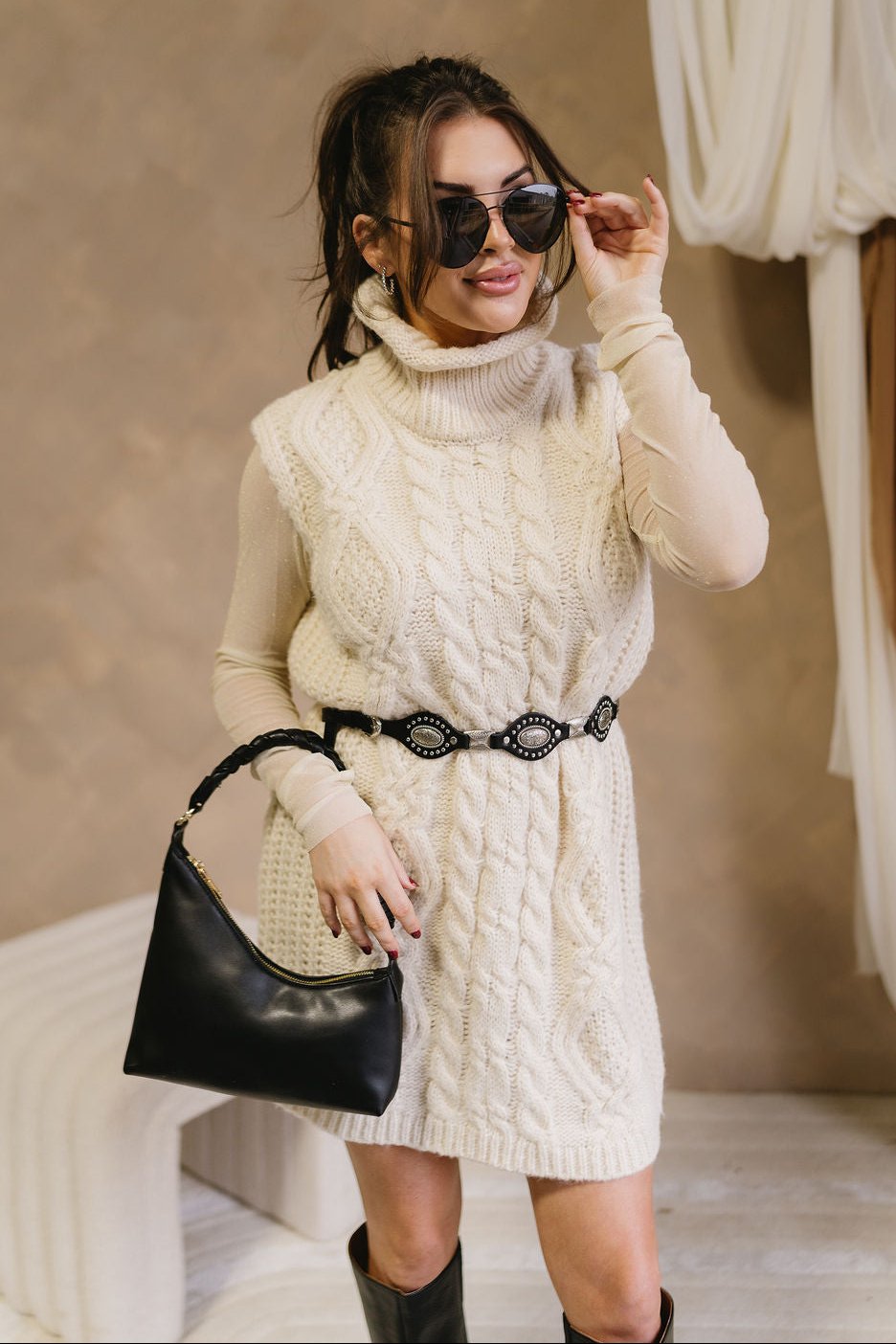 Laurel Cream Turtleneck Sweater Dress- front view