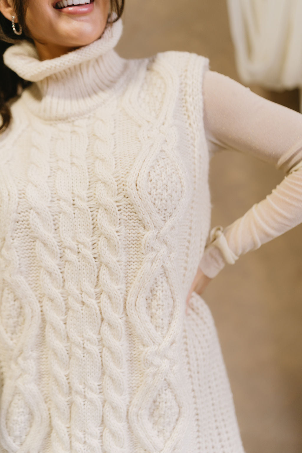 Laurel Cream Turtleneck Sweater Dress- close  up top view