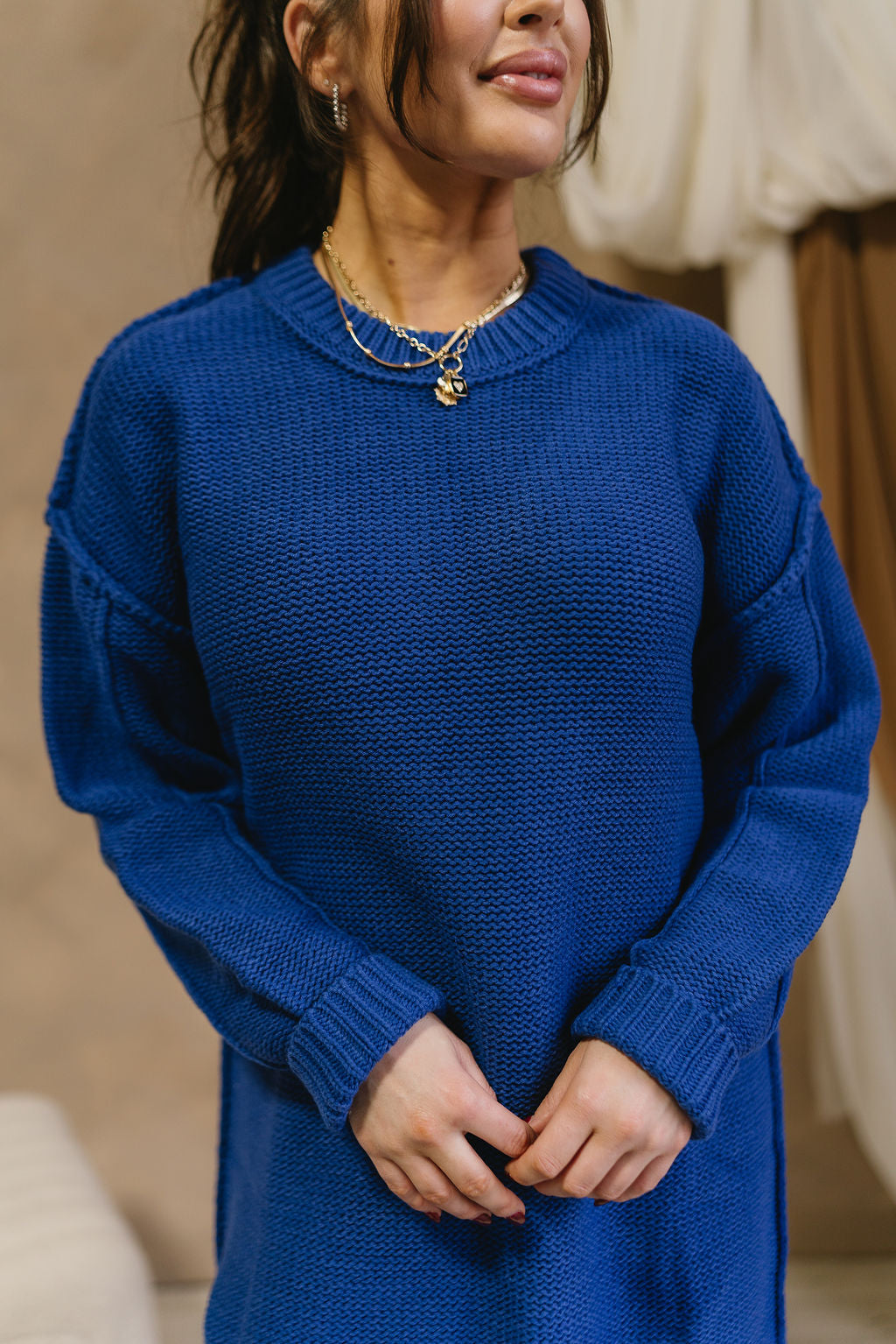 Stella Royal Blue Sweater Dress- close up view