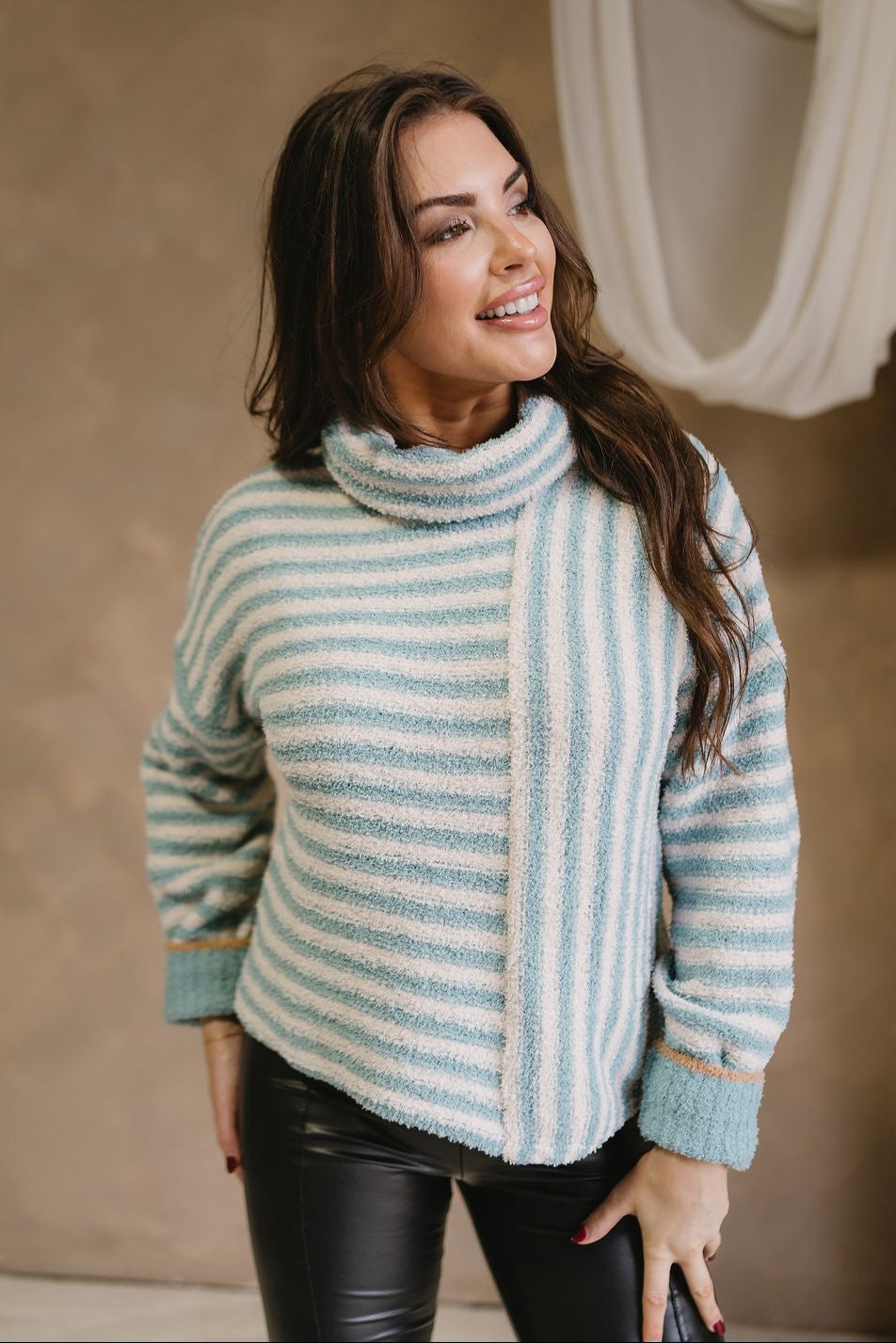 Liliana Sage & Cream Stripe Knit Sweater- front view