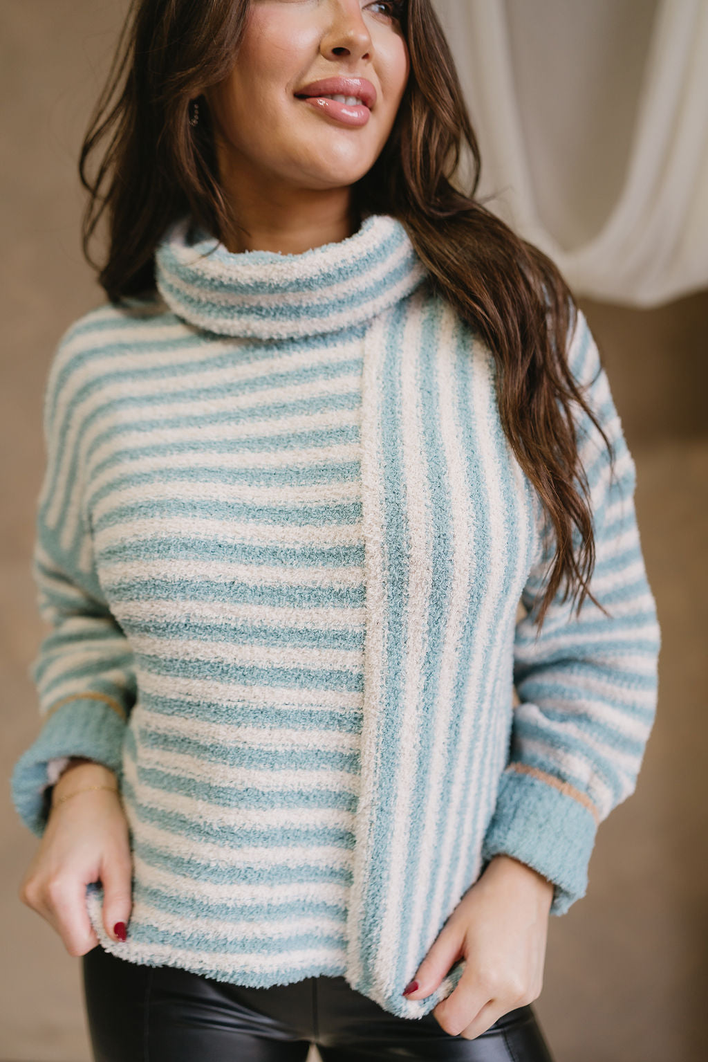 Liliana Sage & Cream Stripe Knit Sweater- close up top view