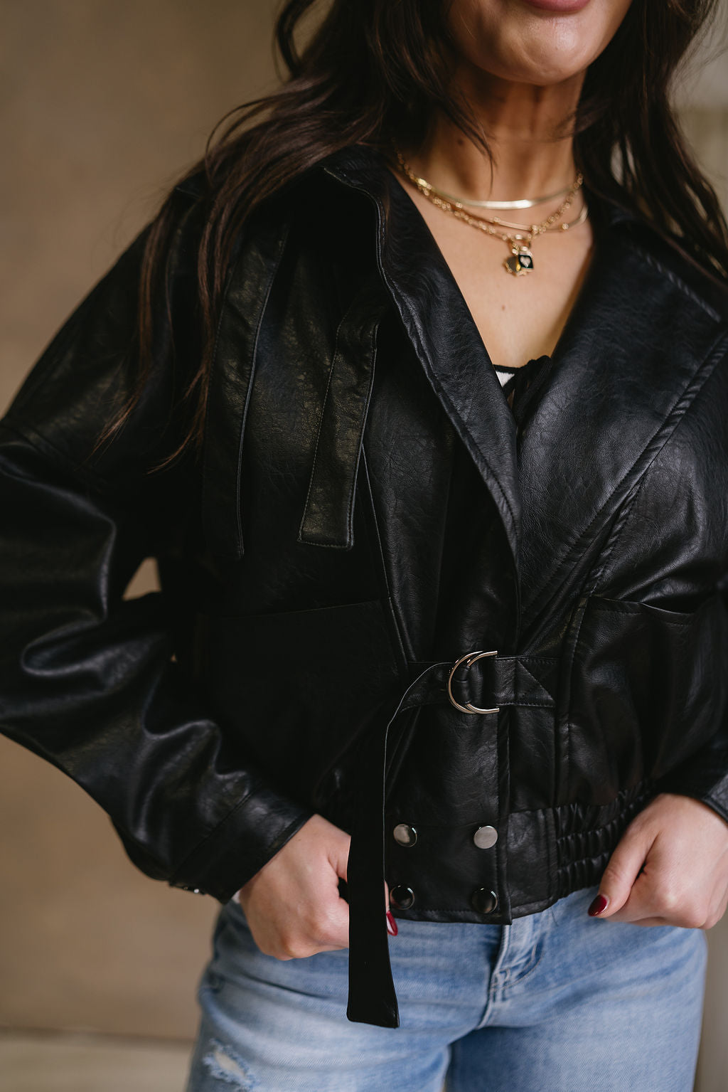 Freya Black Faux Leather Jacket- close up front view