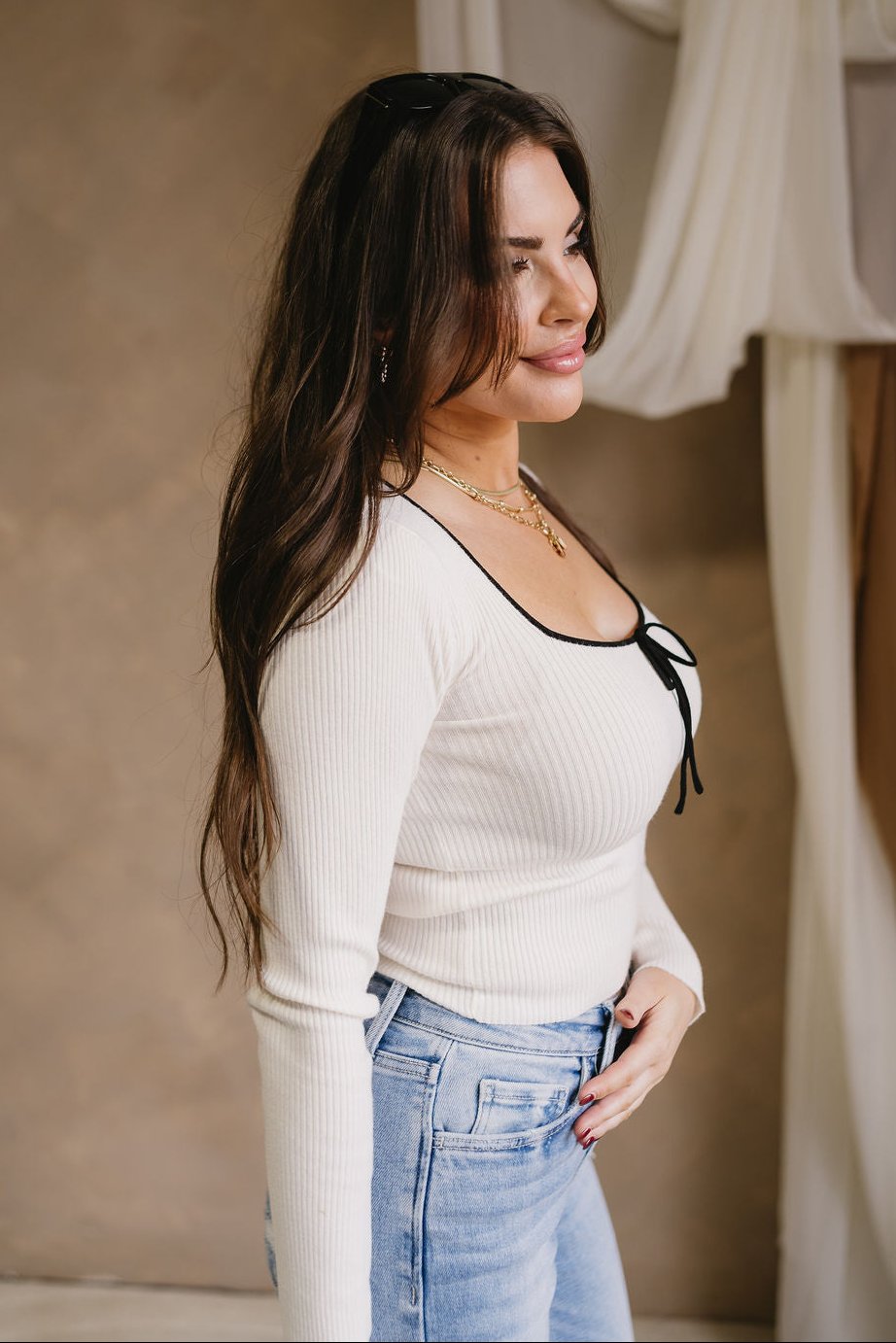 Valeria Ivory & Black Bow Long Sleeve Top- side view