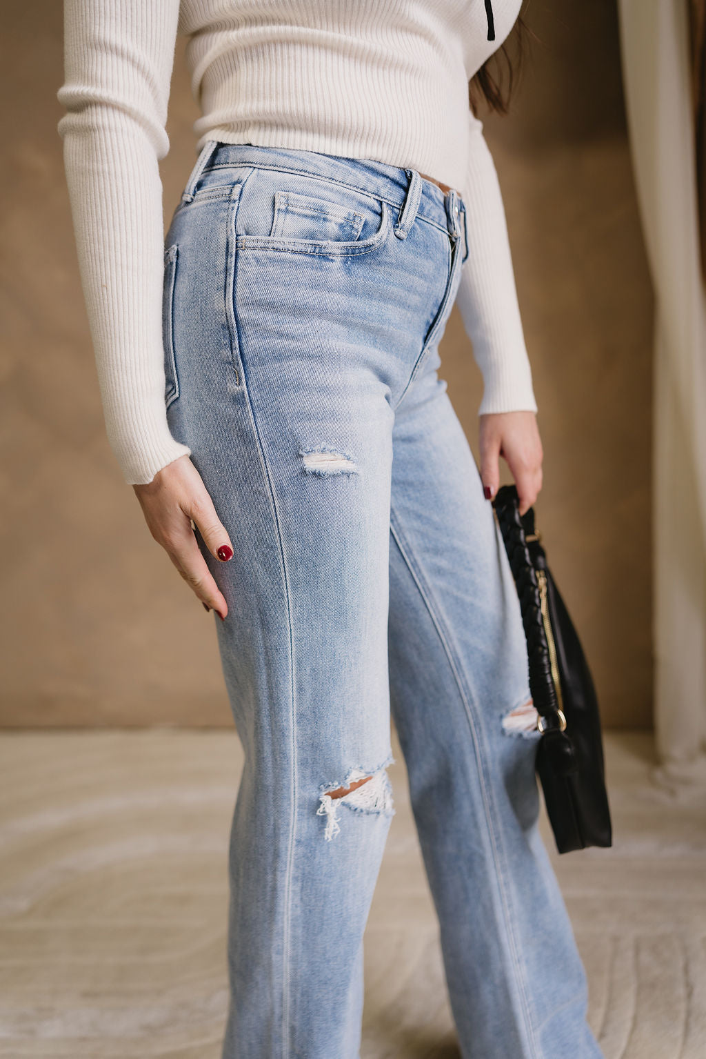 Alina Light Wash Denim Distressed Jeans- close up right side view