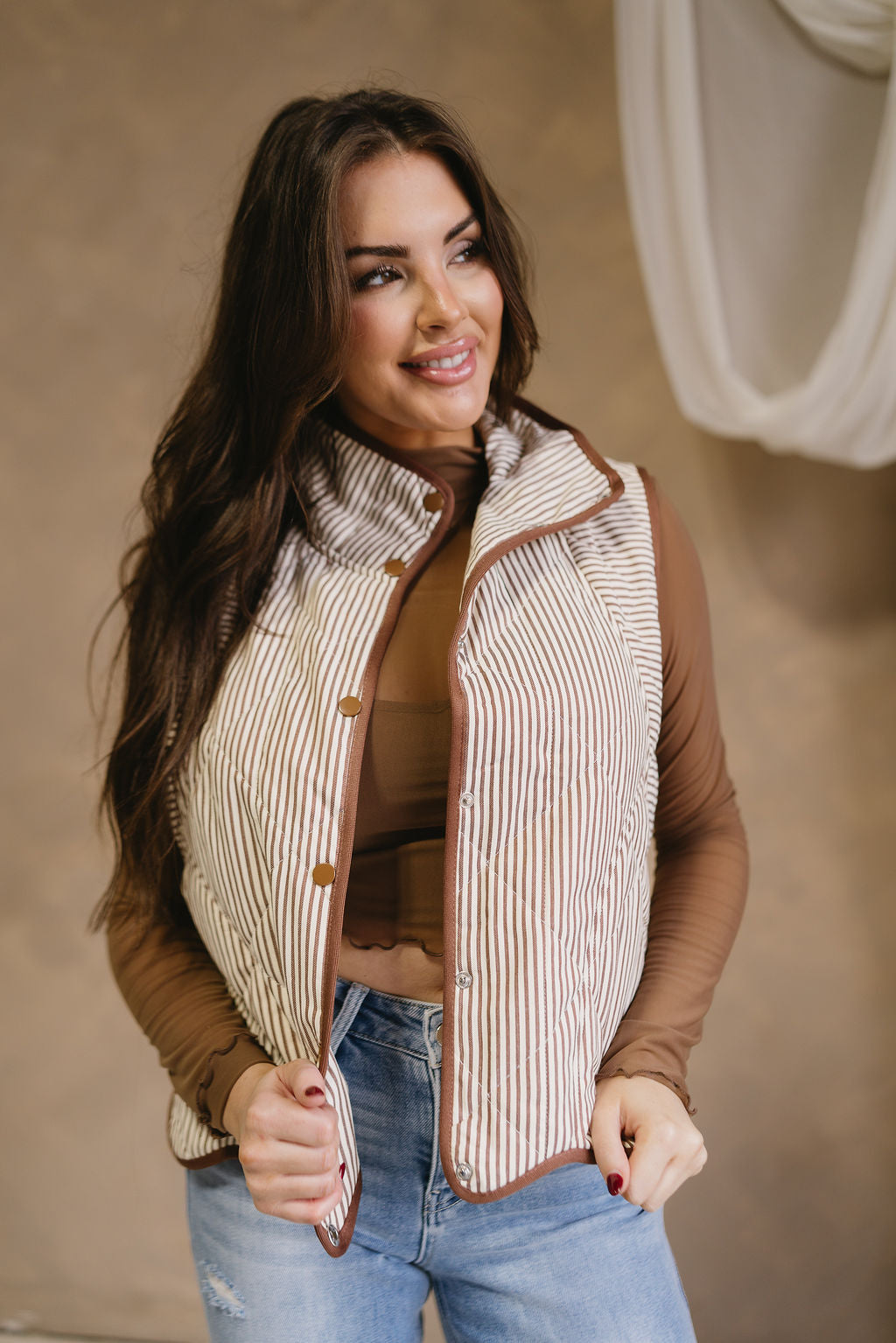 Capri Stripe Scallop Hem Vest-brown- front view