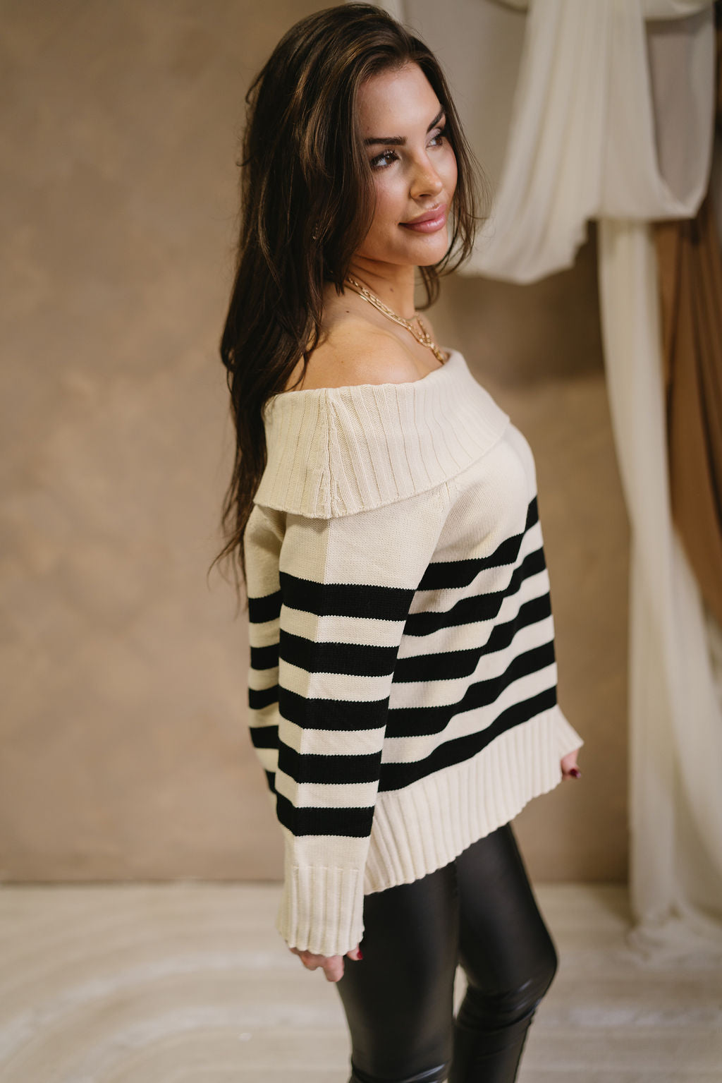 Jordyn Black & Cream Off-The-Shoulder Sweater- side view