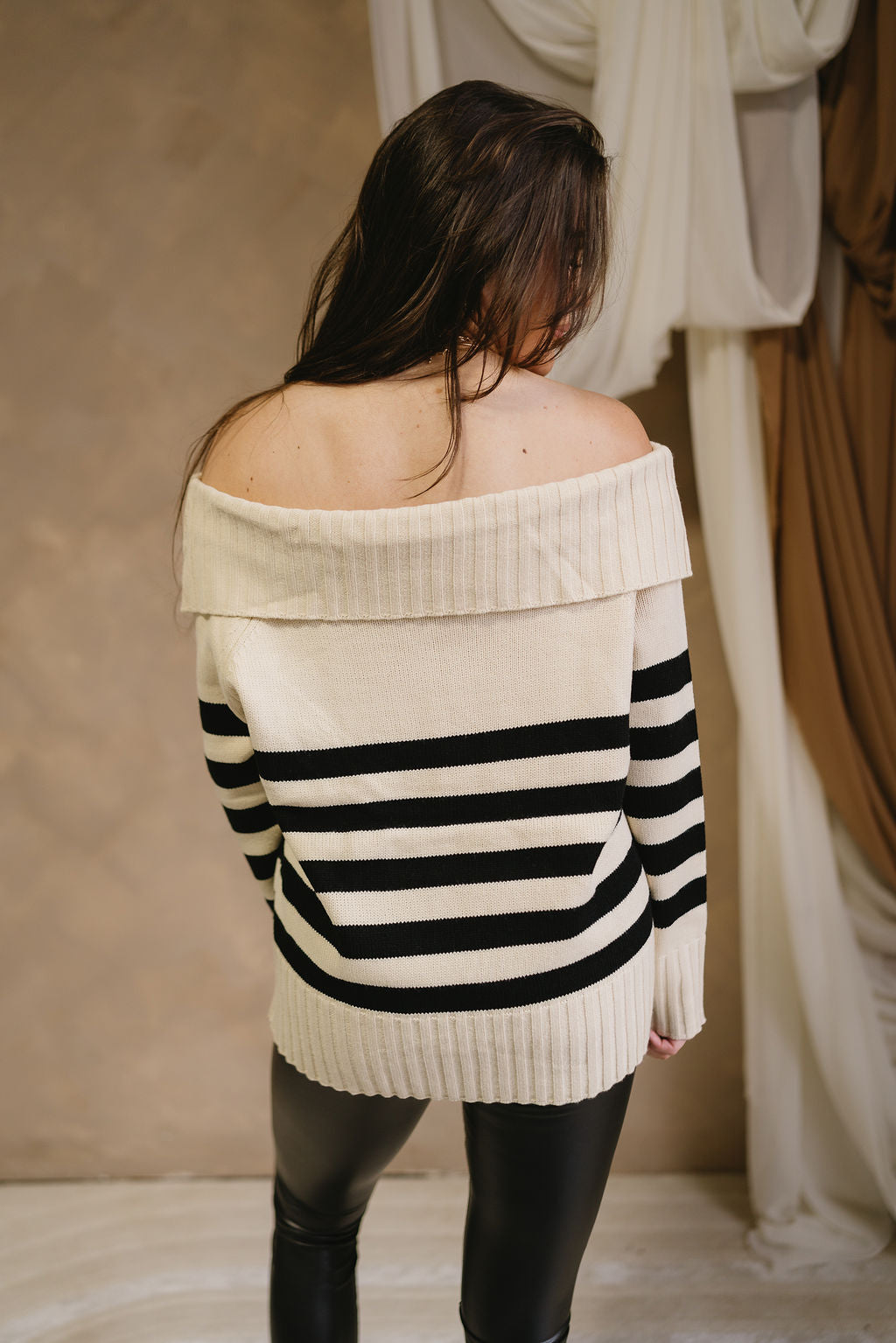 Jordyn Black & Cream Off-The-Shoulder Sweater- back view