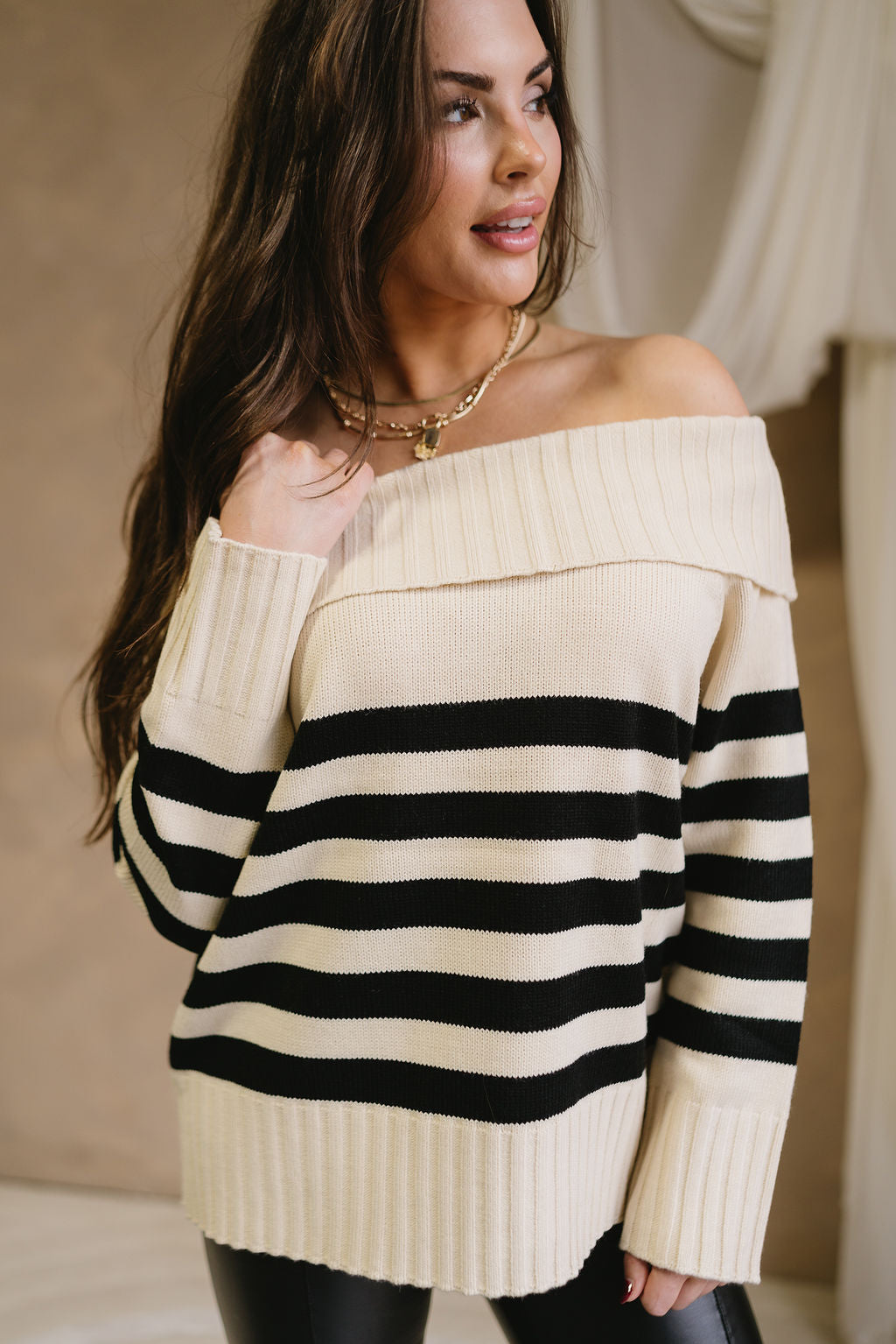 Jordyn Black & Cream Off-The-Shoulder Sweater