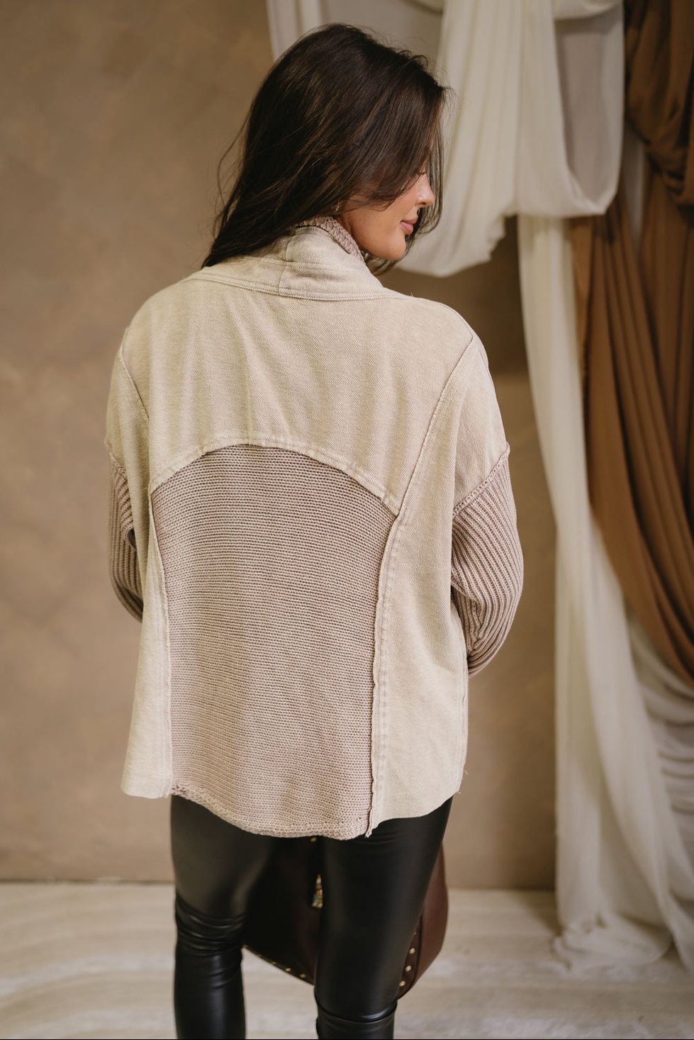 Cecilia Taupe Multi Braided Knit Cardigan- back view