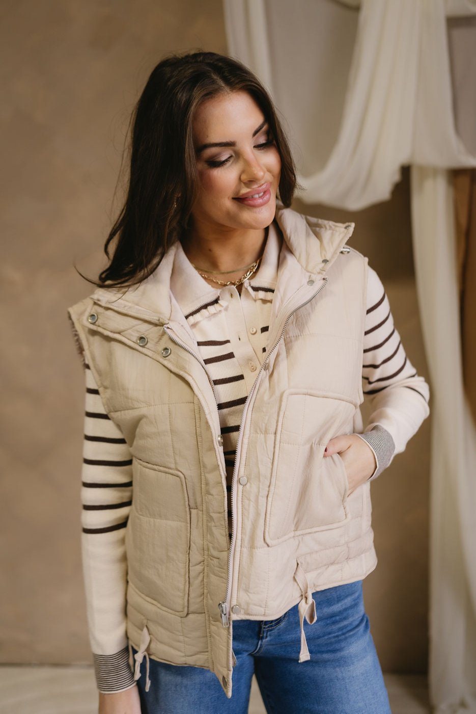 Regina Beige Puffer Vest - front view (hand in pocket)