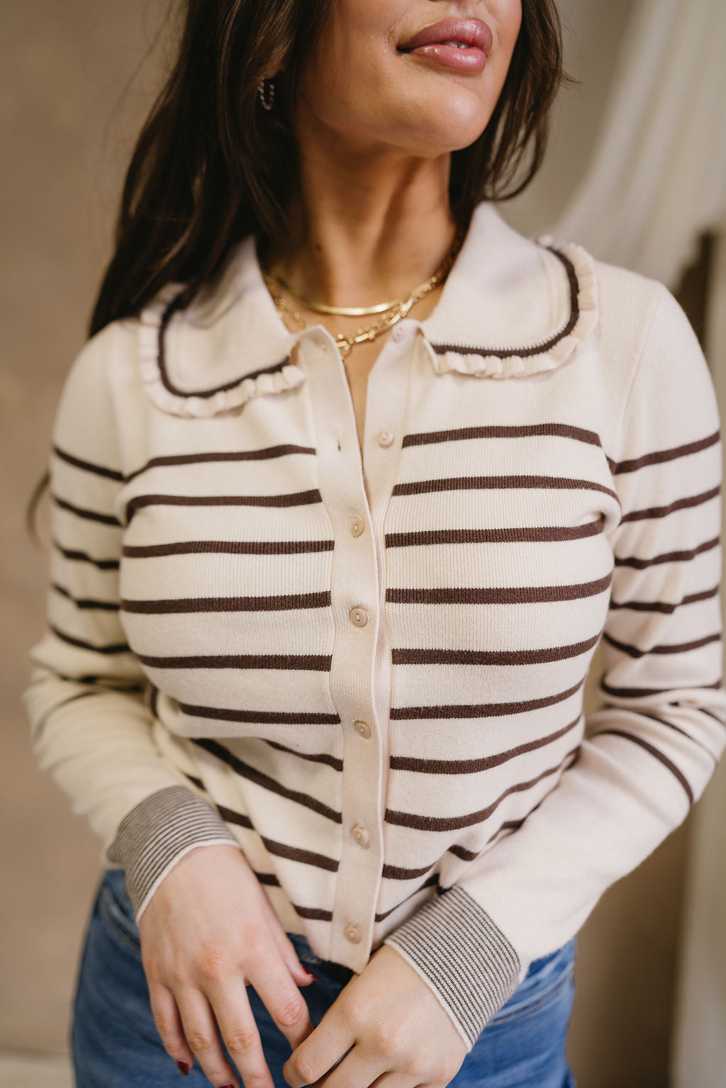 Leanne Cream & Brown Striped Ruffle Cardigan - close up front view