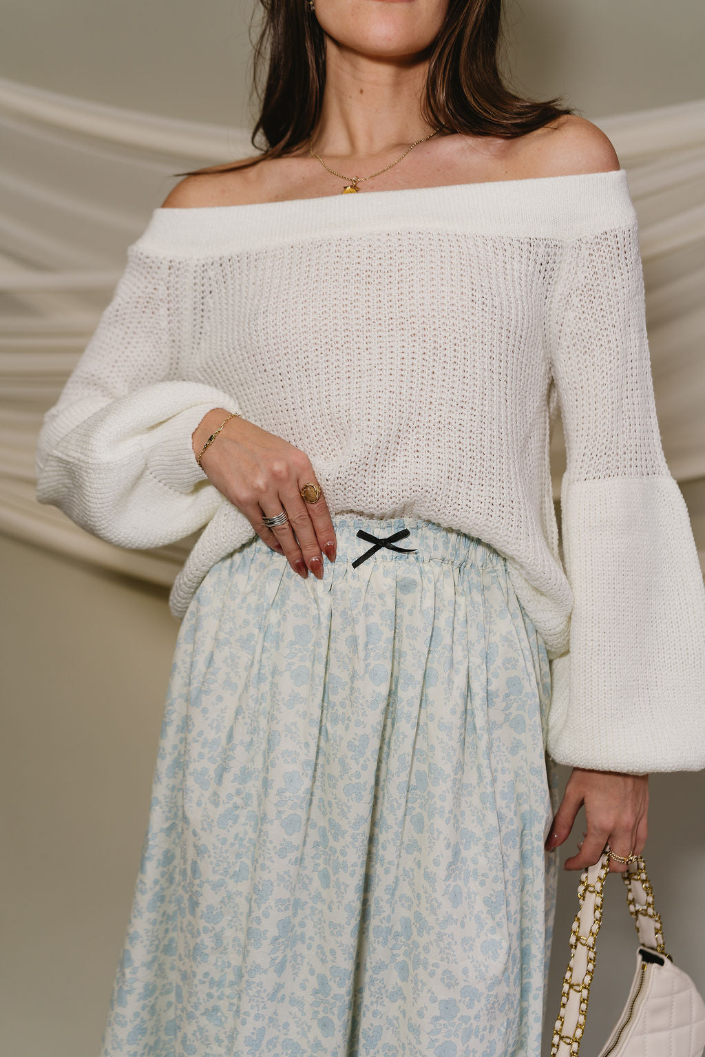 Penelope Light Blue & Cream Floral Skirt- close up view