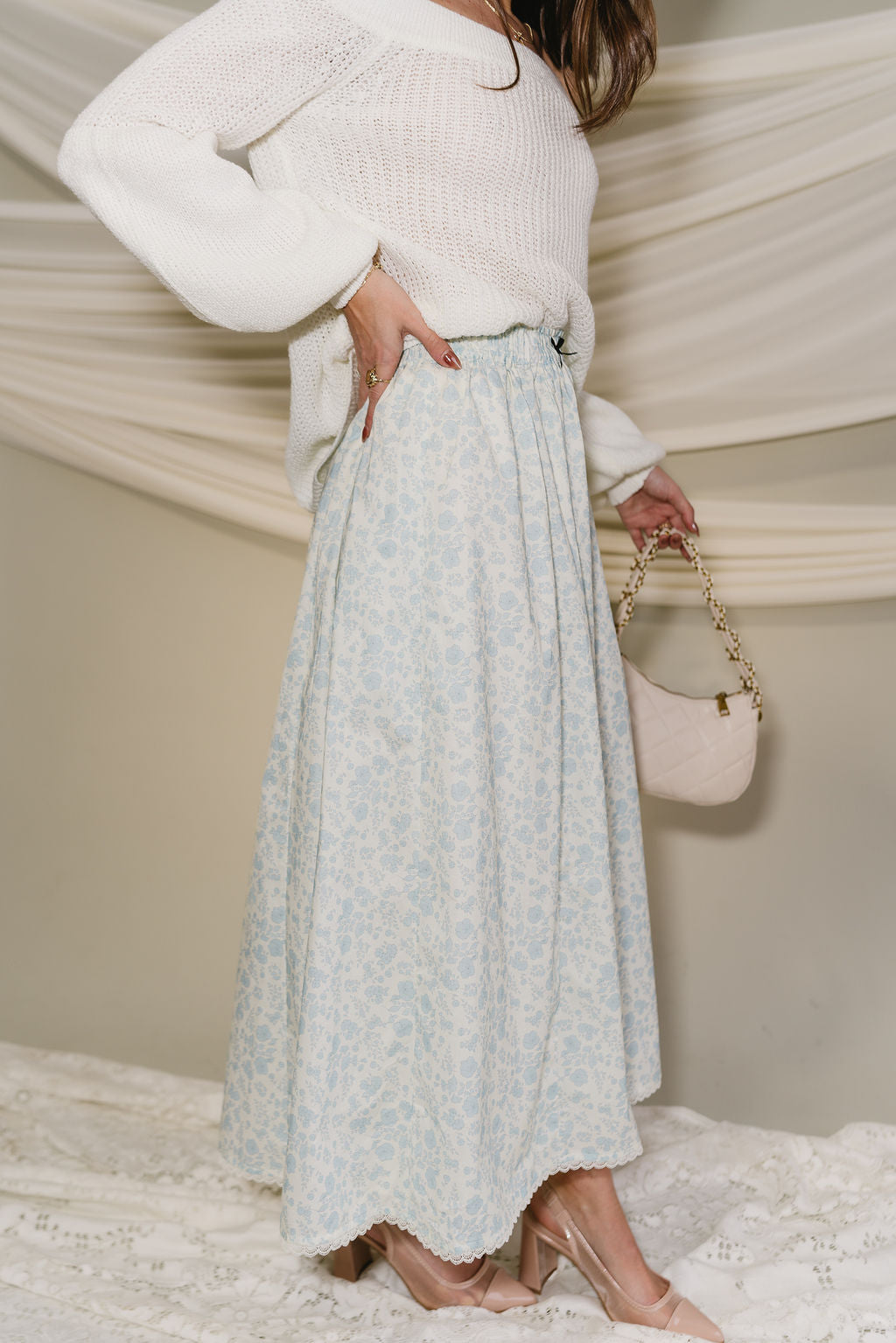 Penelope Light Blue & Cream Floral Skirt- side view