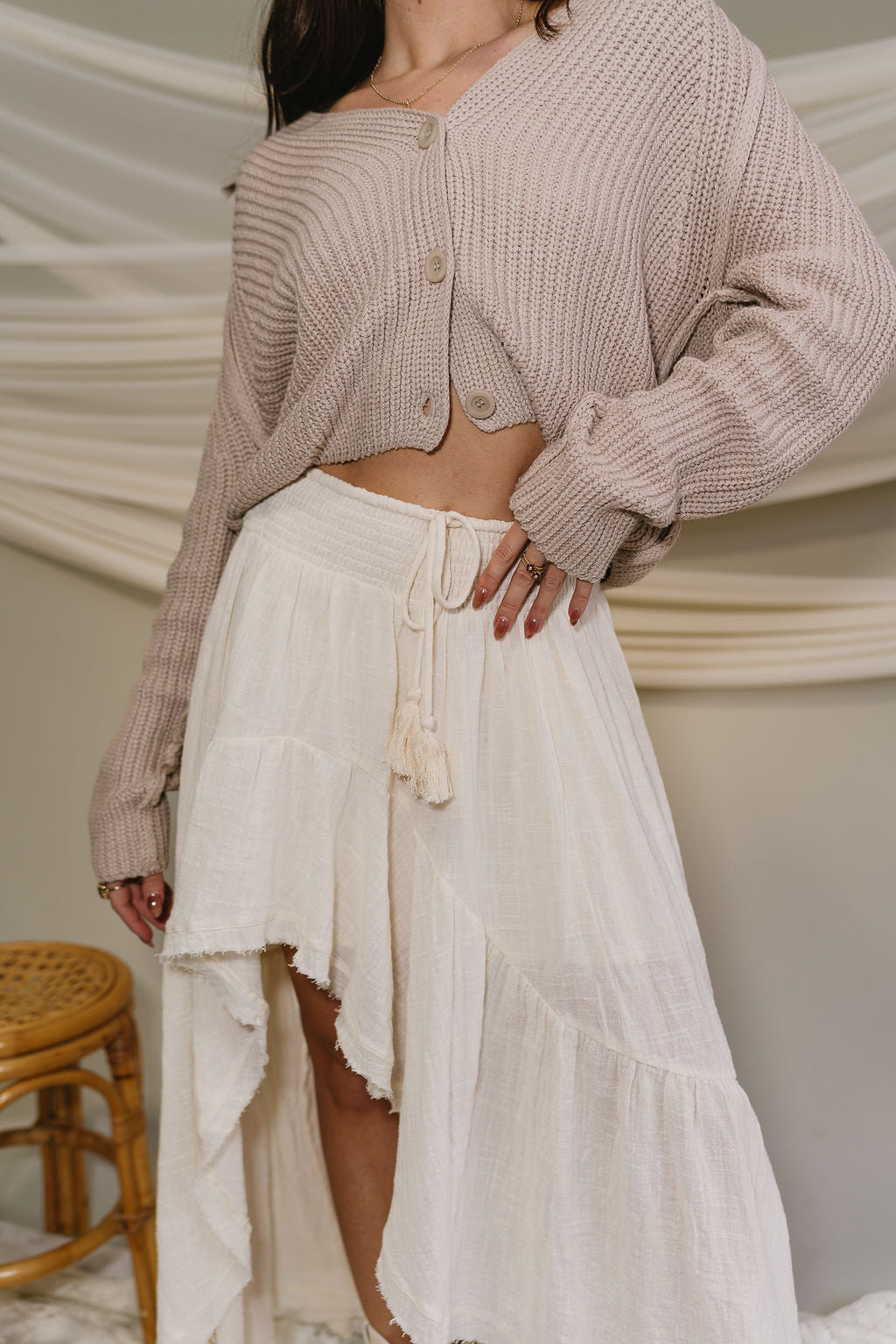 Natalie Cream Slit Tiered Midi Skirt- close up top view