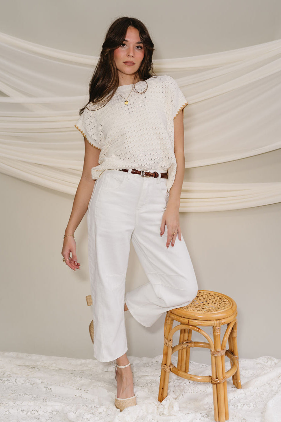 Lyla Off White Cropped Wide Leg Pant- full body view