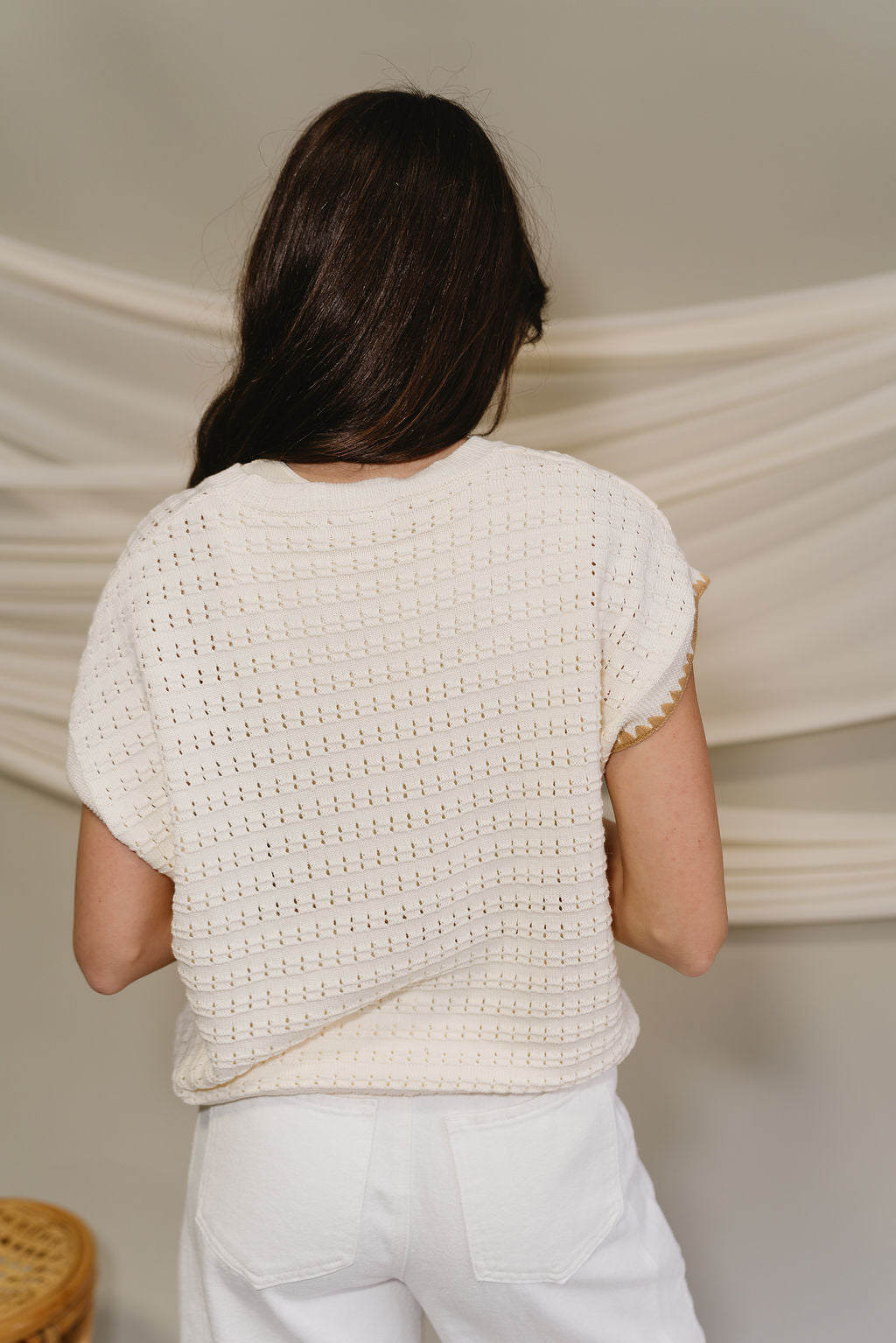 Clara Cream & Camel Knit Short Sleeve Top- close up back view