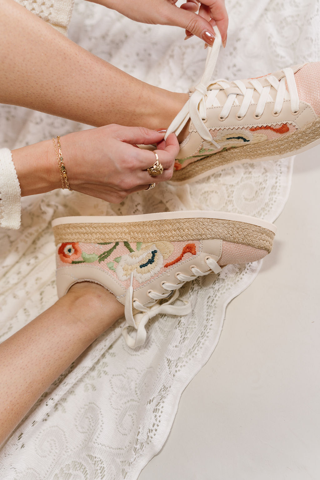 Dolce Vita Azalia Pink Floral Raffia Sneaker- close up ariel view