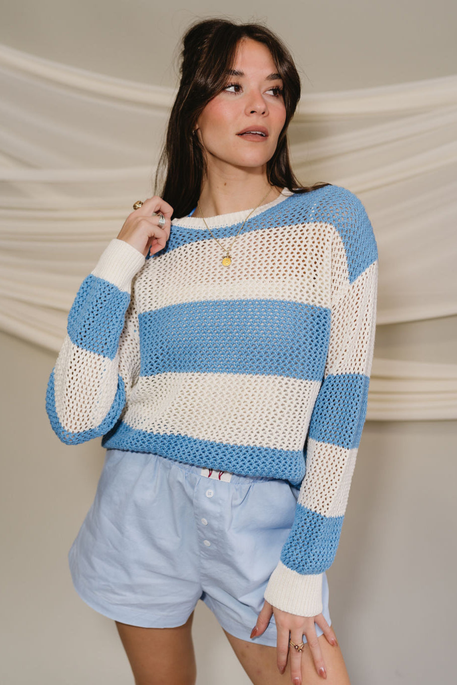 Lyla Blue & White Stripe Knit Sweater- front top view