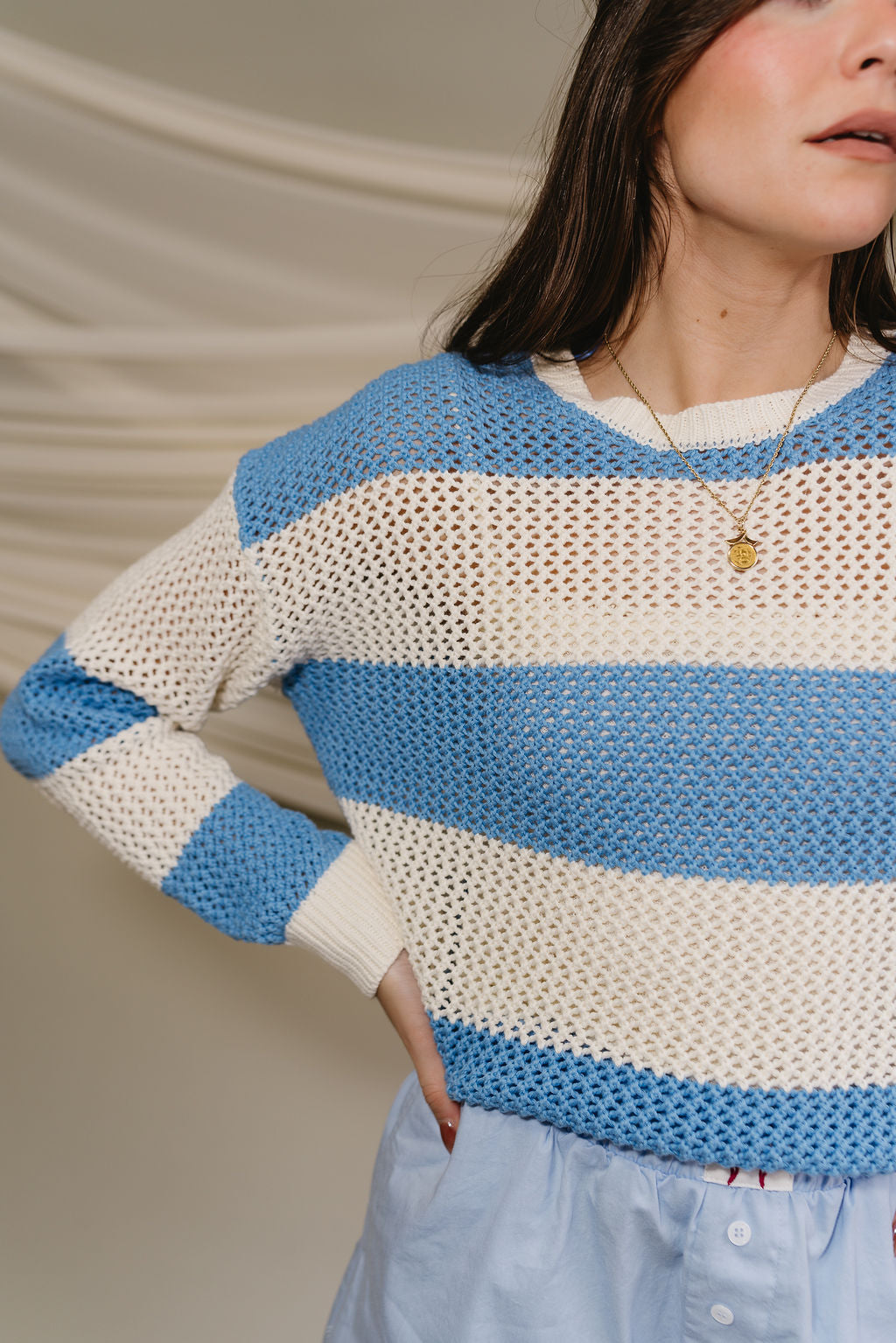 Lyla Blue & White Stripe Knit Sweater- close up side view