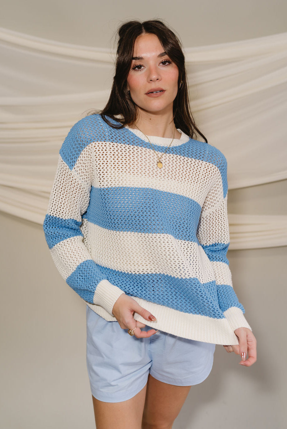 Lyla Blue & White Stripe Knit Sweater- front view