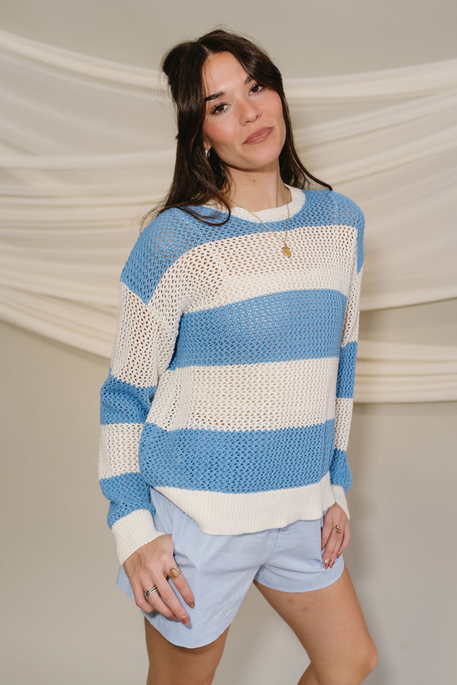 Lyla Blue & White Stripe Knit Sweater- frontal side view