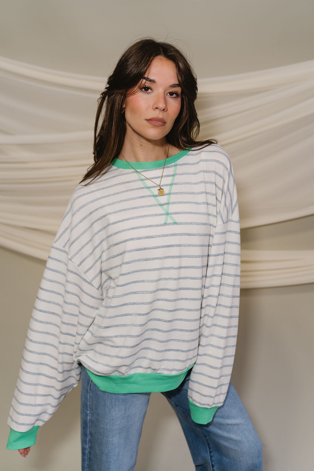 Margot Blue & Green Stripe White Long Sleeve Top- frontal side view