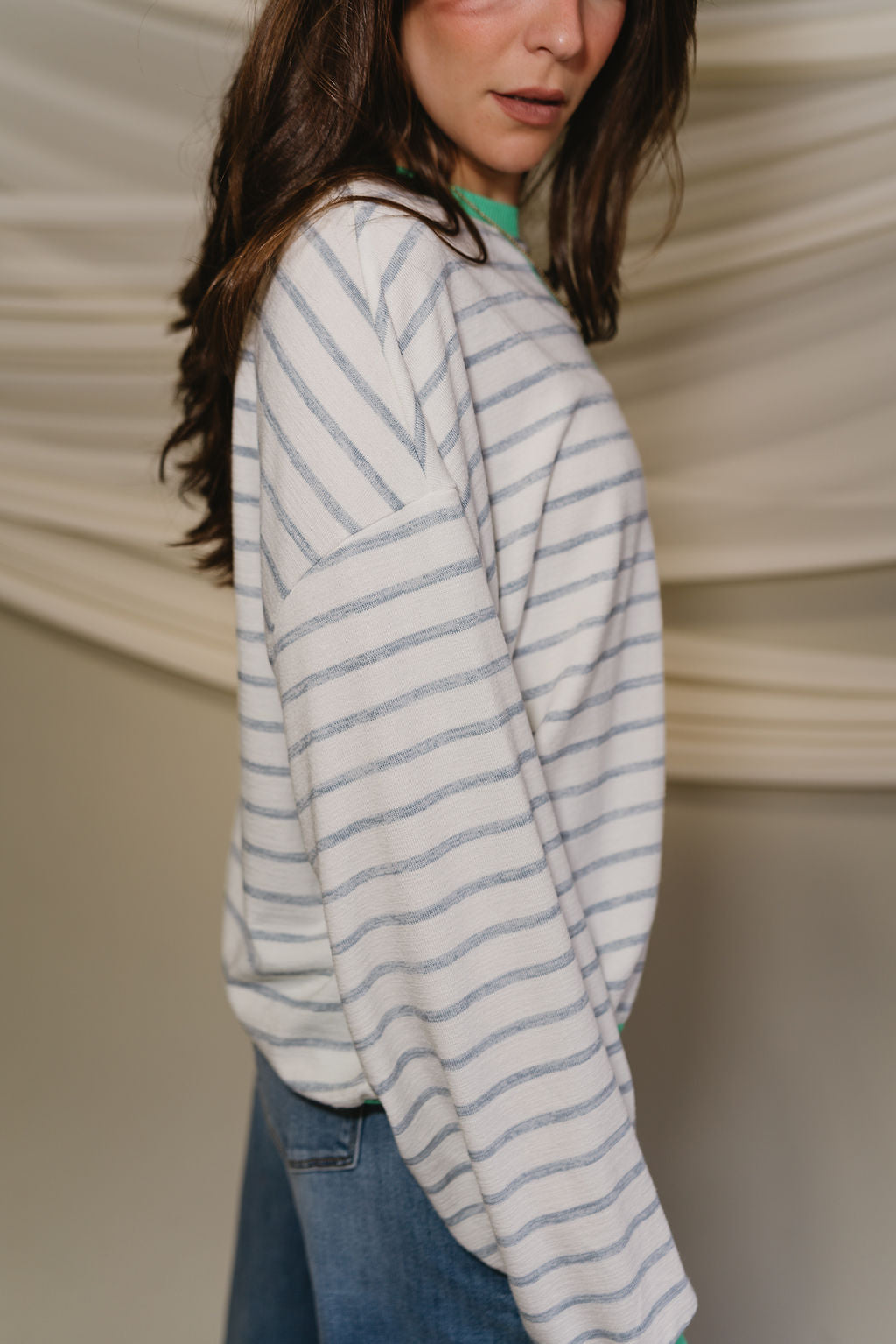 Margot Blue & Green Stripe White Long Sleeve Top- close up side view