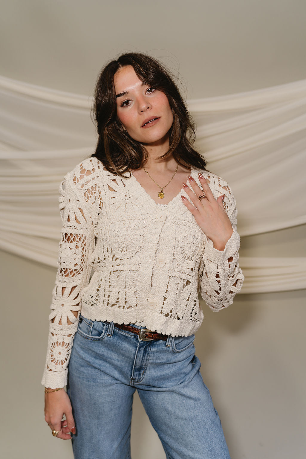 Haven Cream Crochet Long Sleeve Cardigan- top view