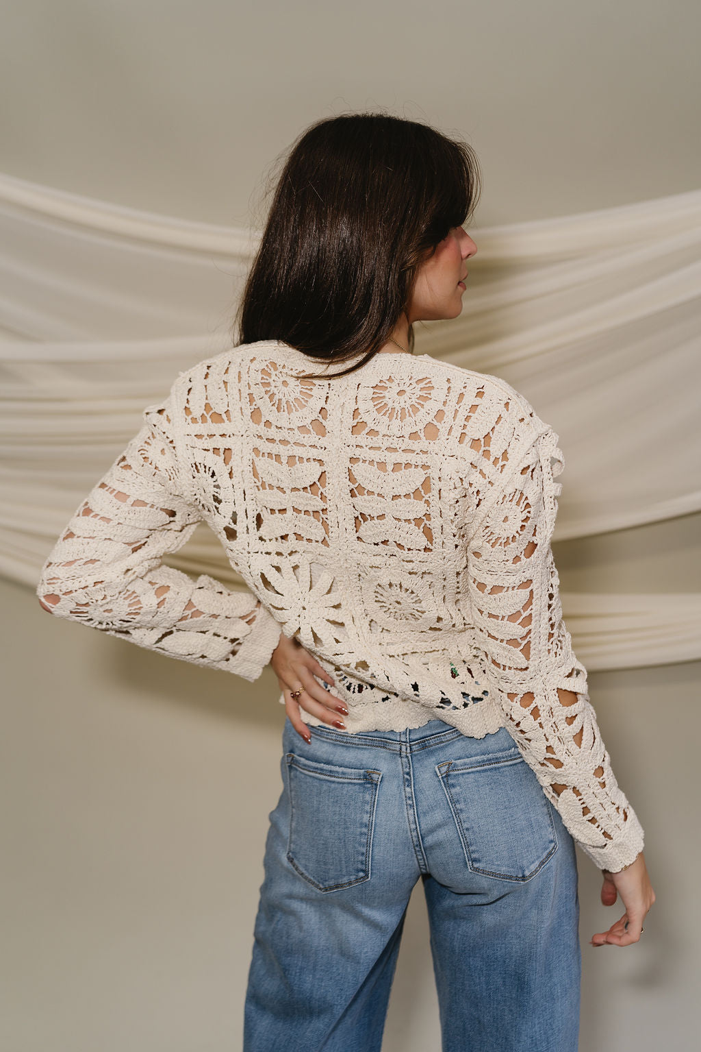 Haven Cream Crochet Long Sleeve Cardigan- close up back view