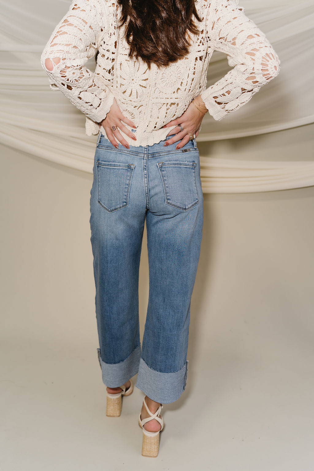 Kancan: Blake Medium Wash Cropped Cuff Hem Jeans- full body back view