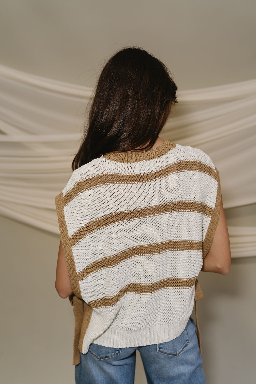 Morgan Cream & Mocha Stripe Side Tie Top- close up back view