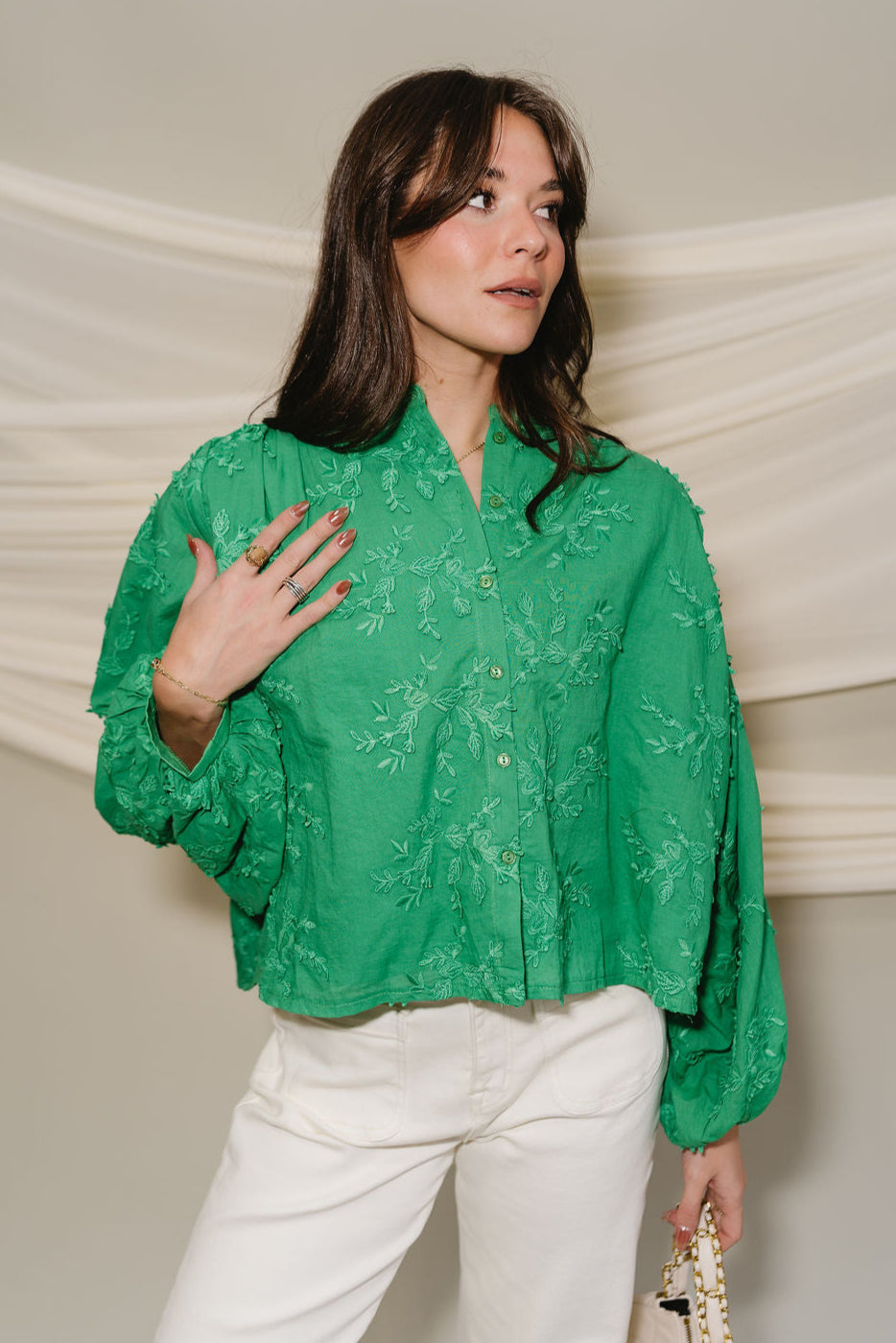 Poppy Green Floral Long Sleeve Top- top view