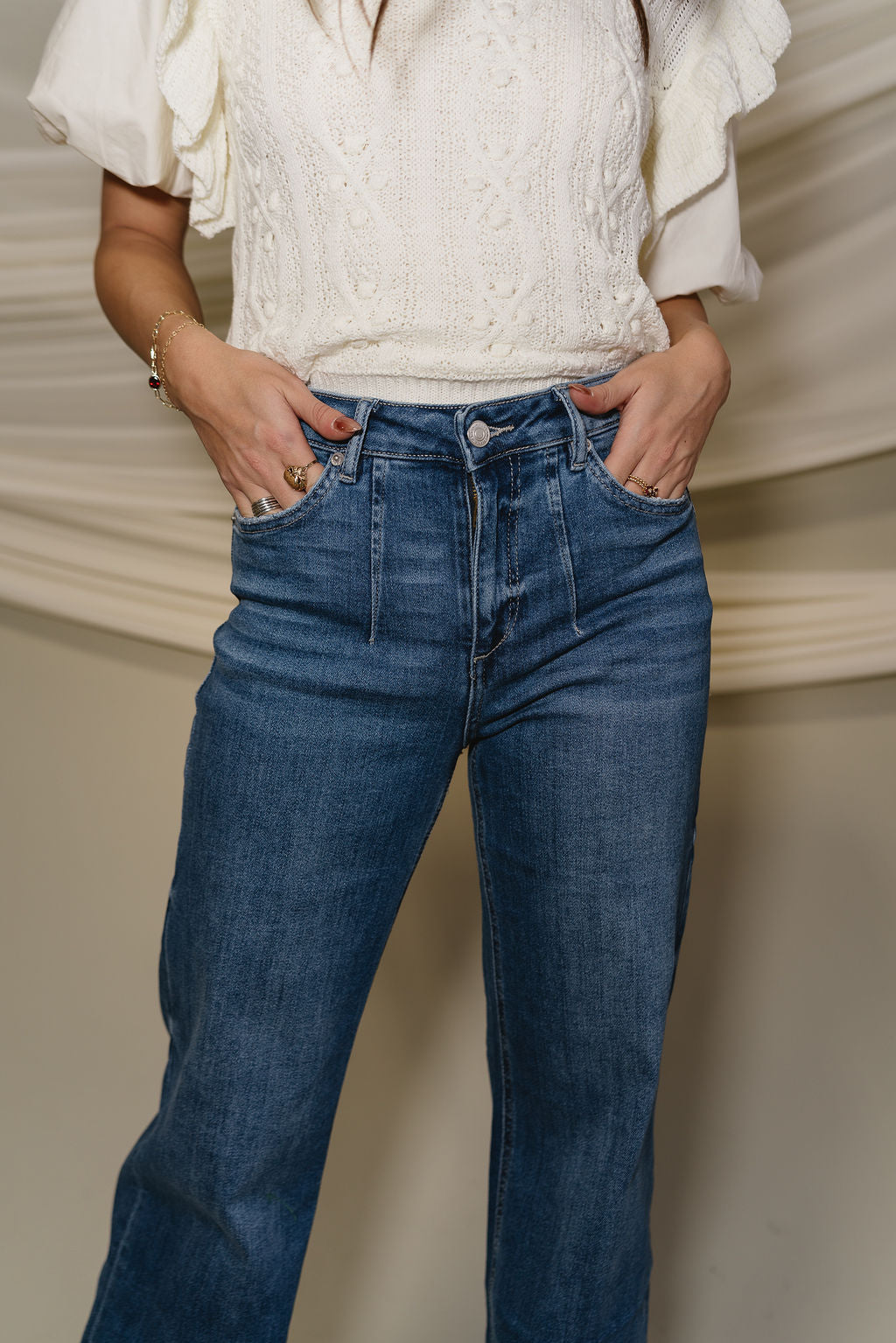 Mica: Mya Medium Wash High Rise Jeans- close up top view