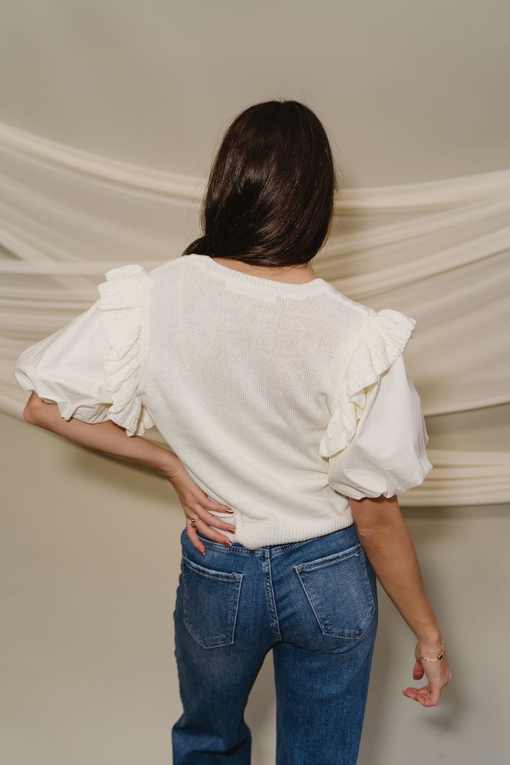 Vaness Cream Short Puff Sleeve Top -back view