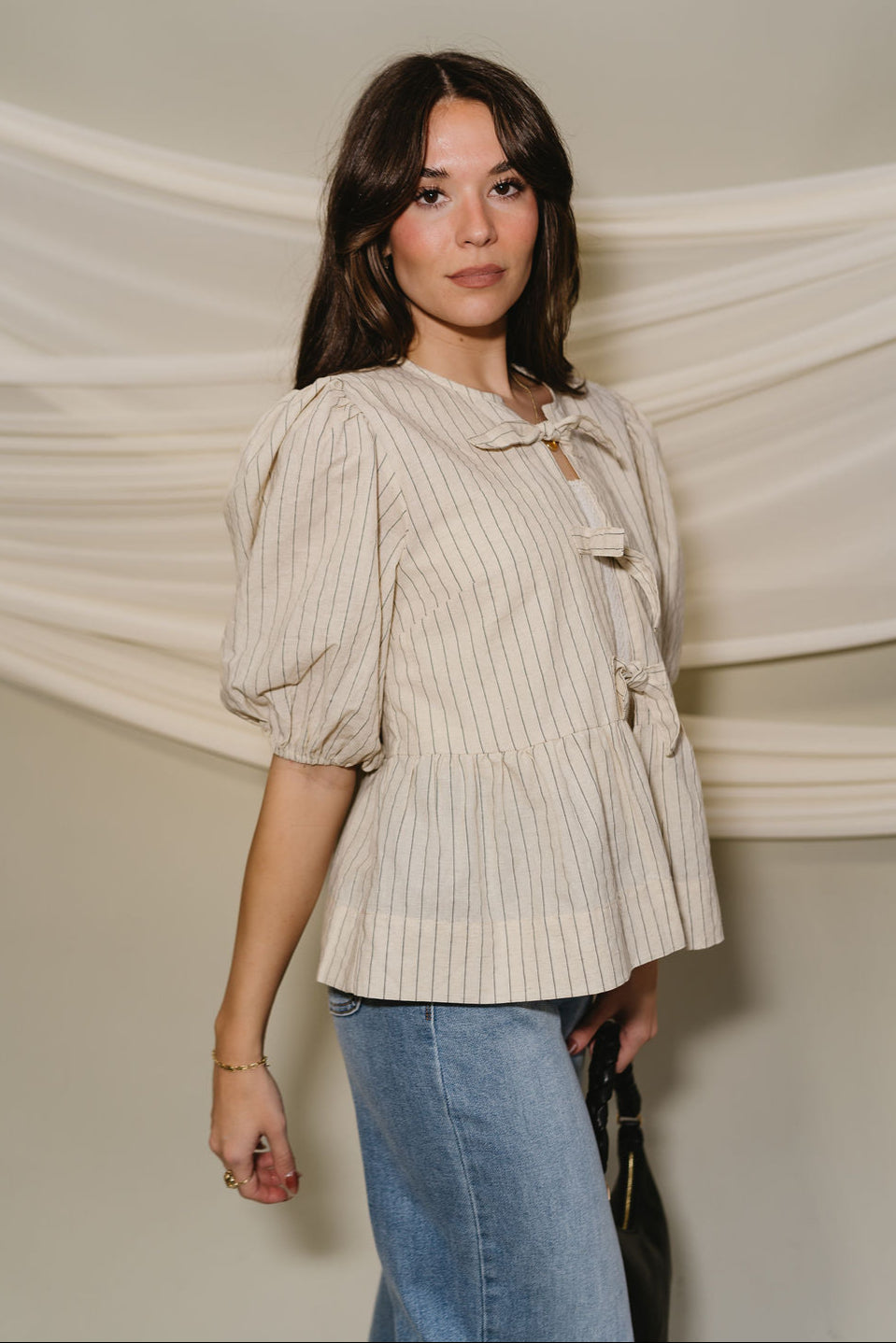 Hayden Tan & Washed Black Stripe Short Sleeve Puff Top- side view