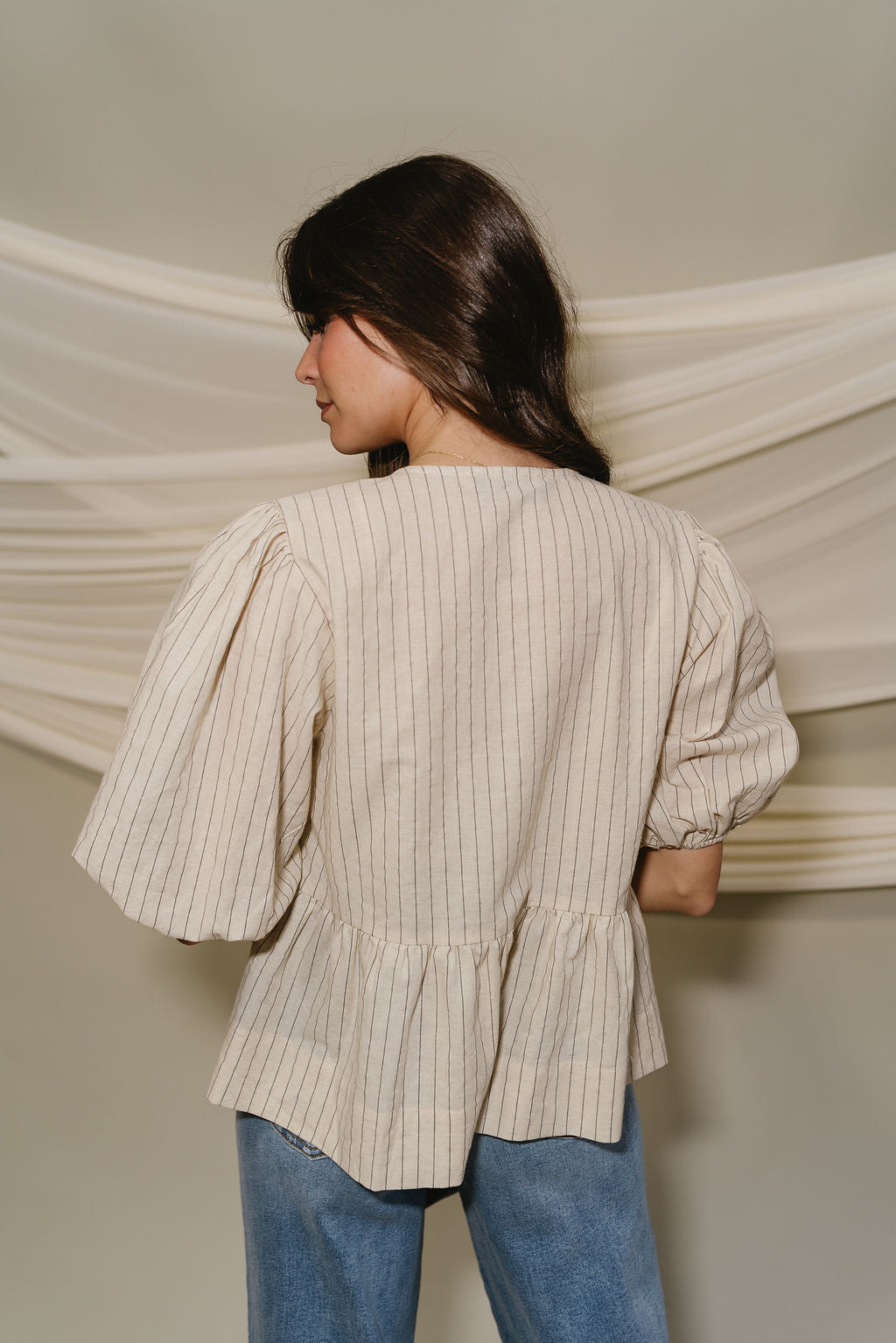 Hayden Tan & Washed Black Stripe Short Sleeve Puff Top- back view