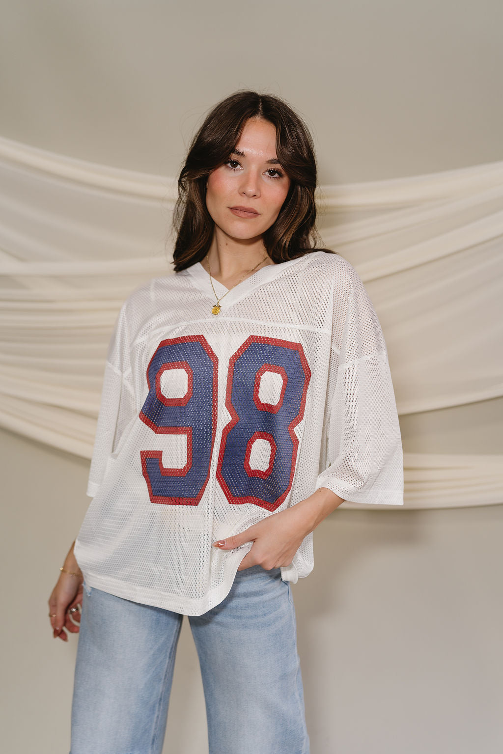 Rhea 98 White Jersey Top - untucked front view