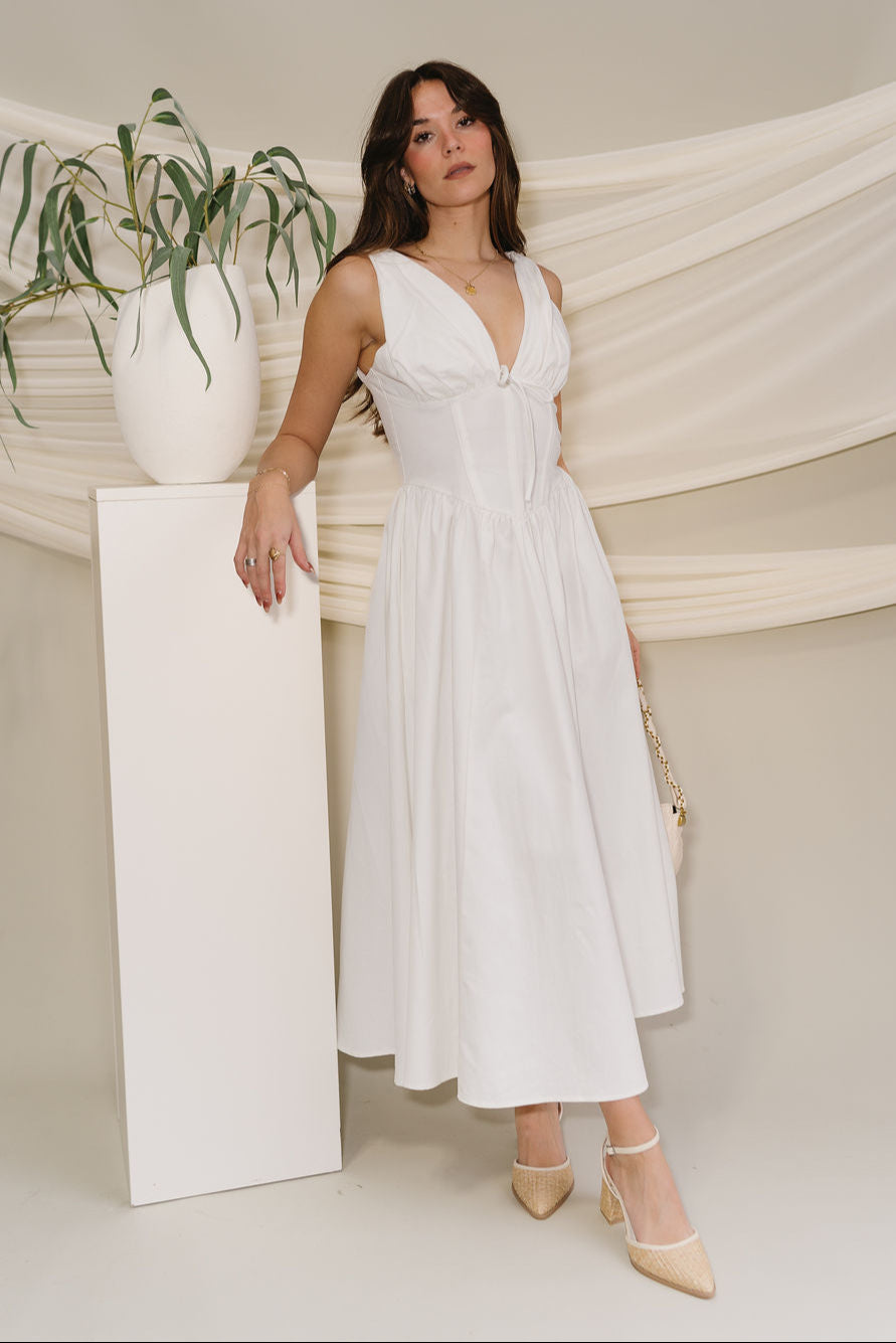 Diana White Plunge Neck Midi Dress - full front view