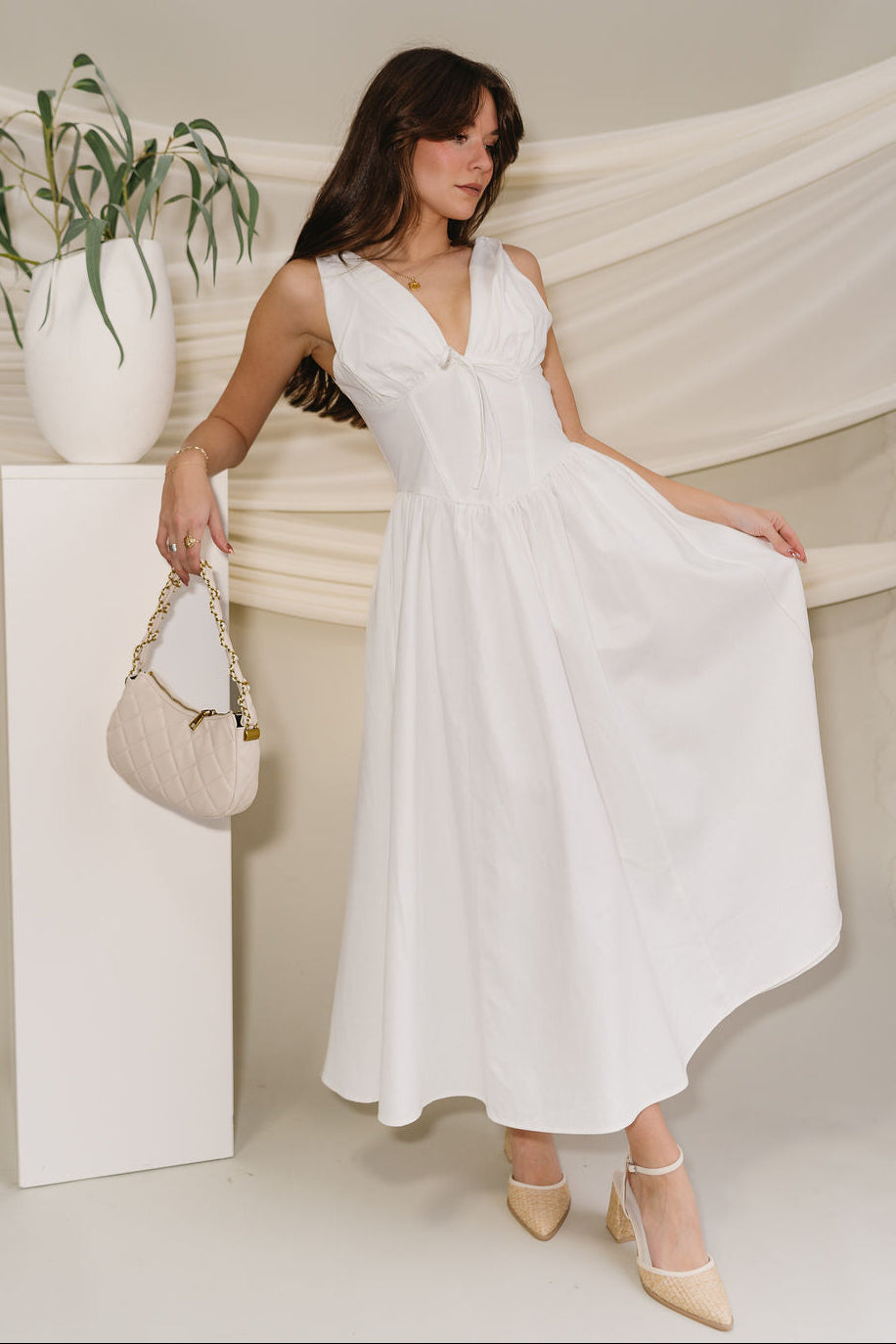 Diana White Plunge Neck Midi Dress - full front view (skirt out)