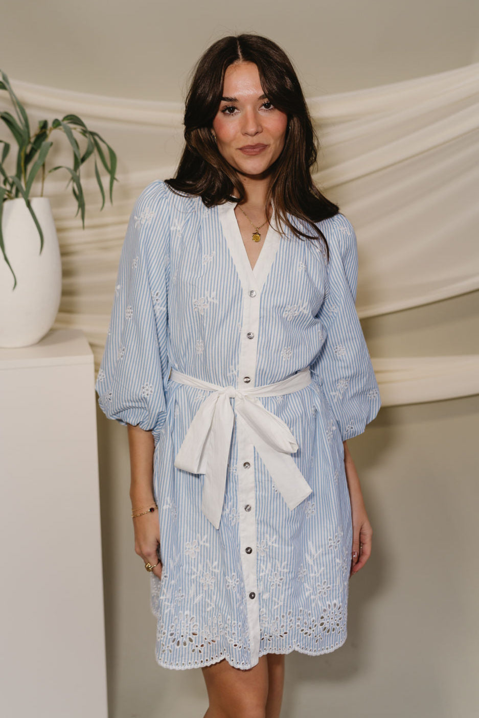 Poppy Blue & White Striped Eyelet Dress - front view